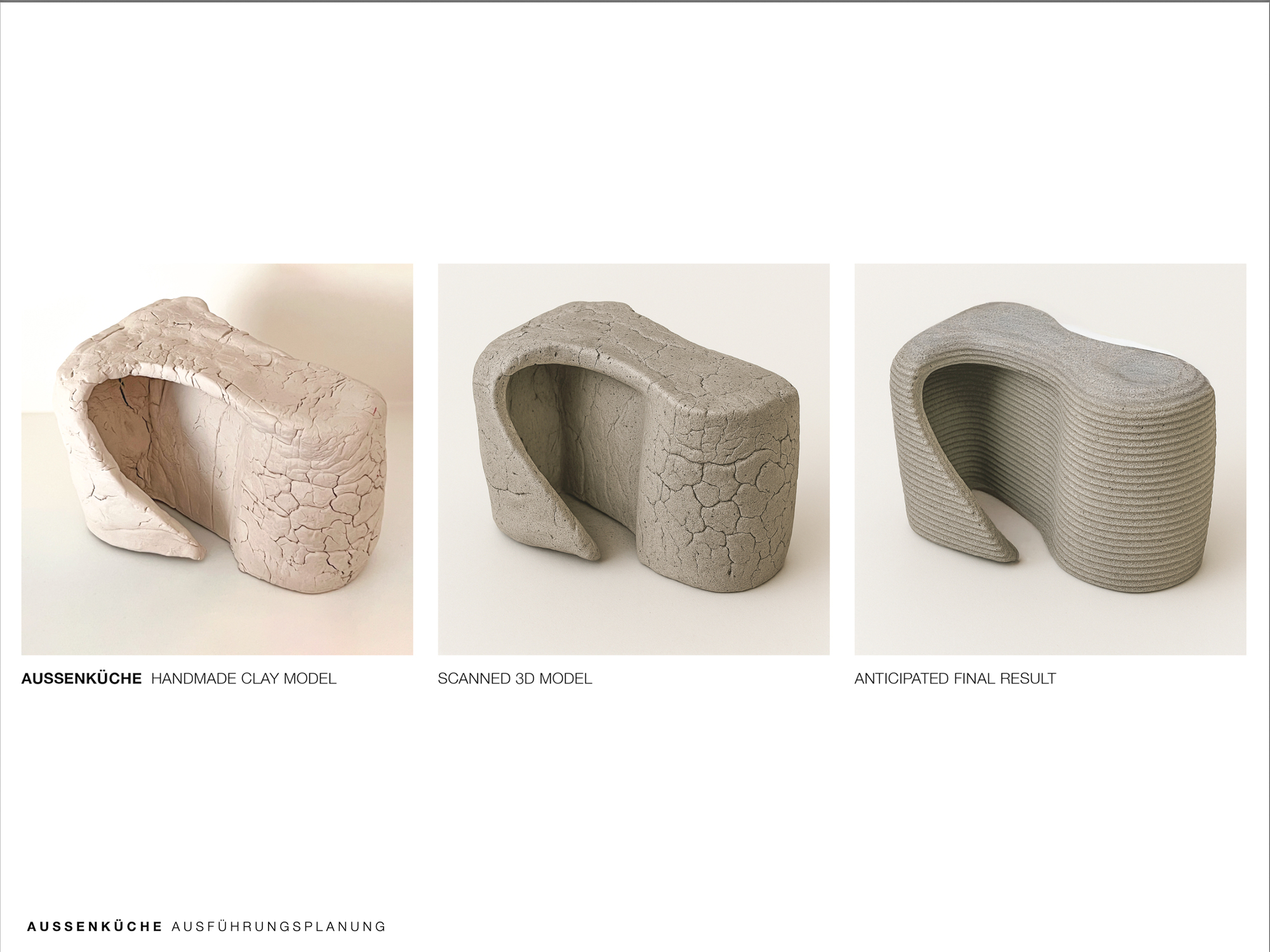 Three-step progression of a clay study model transitioning from handmade to anticipated printed form