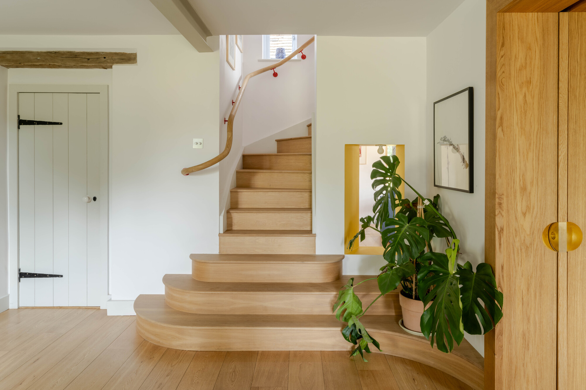 Timber staircase with curved treads and handrail ascending past a monstera plant and yellow-edged opening