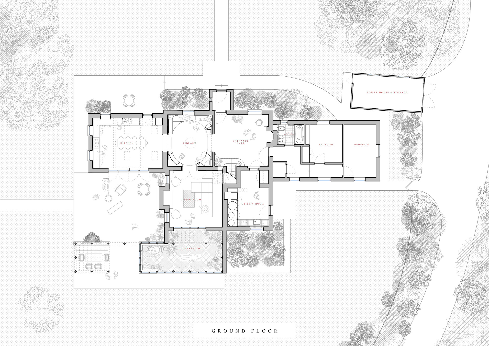 Ground floor plan showing living spaces and bedrooms with surrounding landscape and tree locations