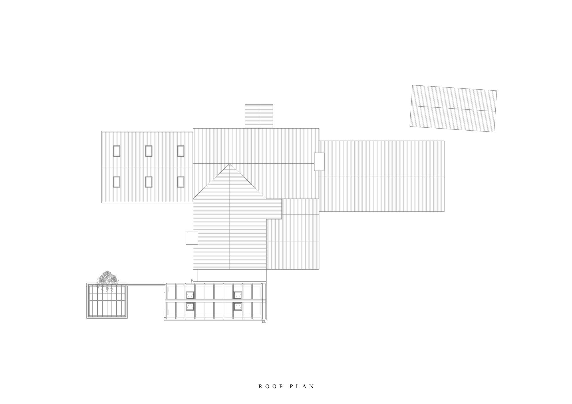 Roof plan drawing showing the pitched tile roof configuration and chimneys