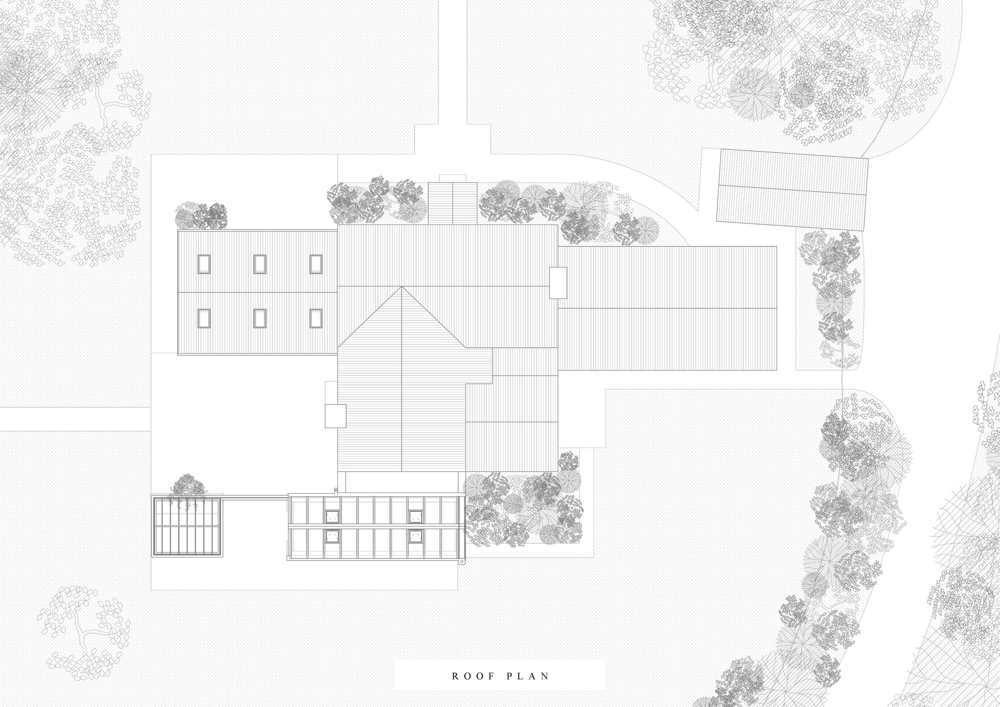 Roof plan drawing showing rectangular volumes with striated surfaces and surrounding trees