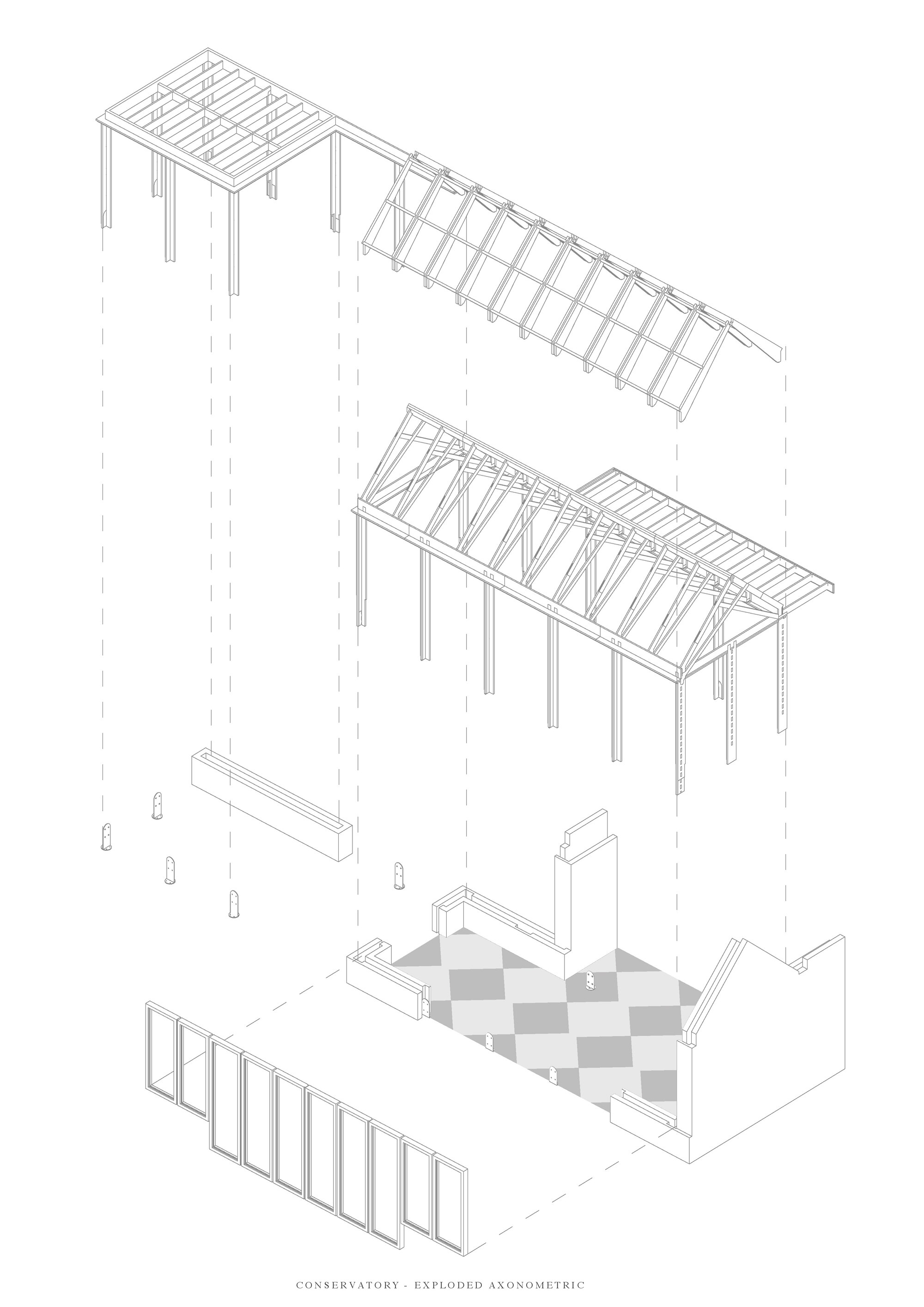 Exploded axonometric drawing showing timber frame structures and a chequered tiled floor panel