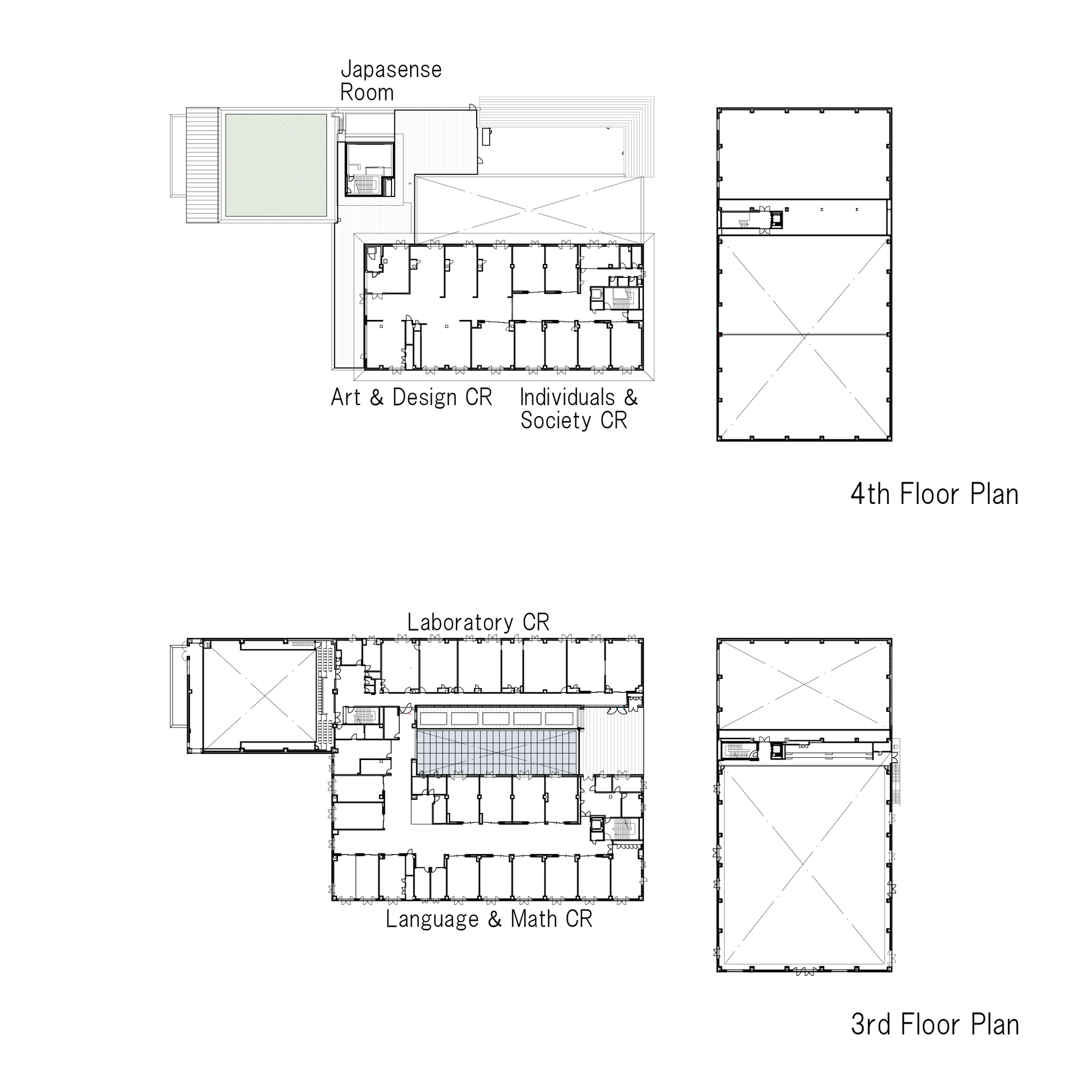 Third and fourth floor plan drawings showing classrooms, laboratories and a Japanese-style room