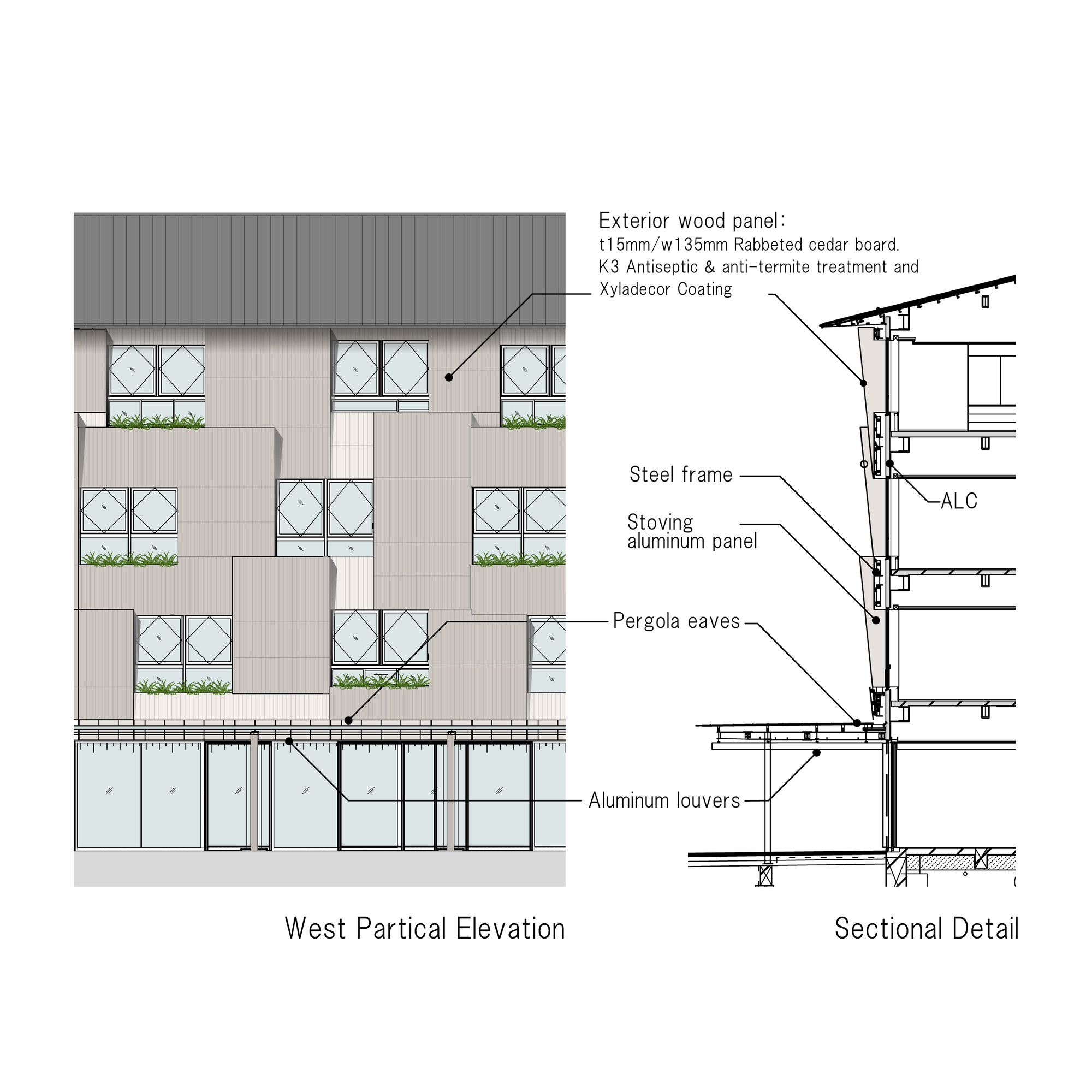 Partial west elevation and sectional detail drawing showing window bays, pergolas and material assemblies