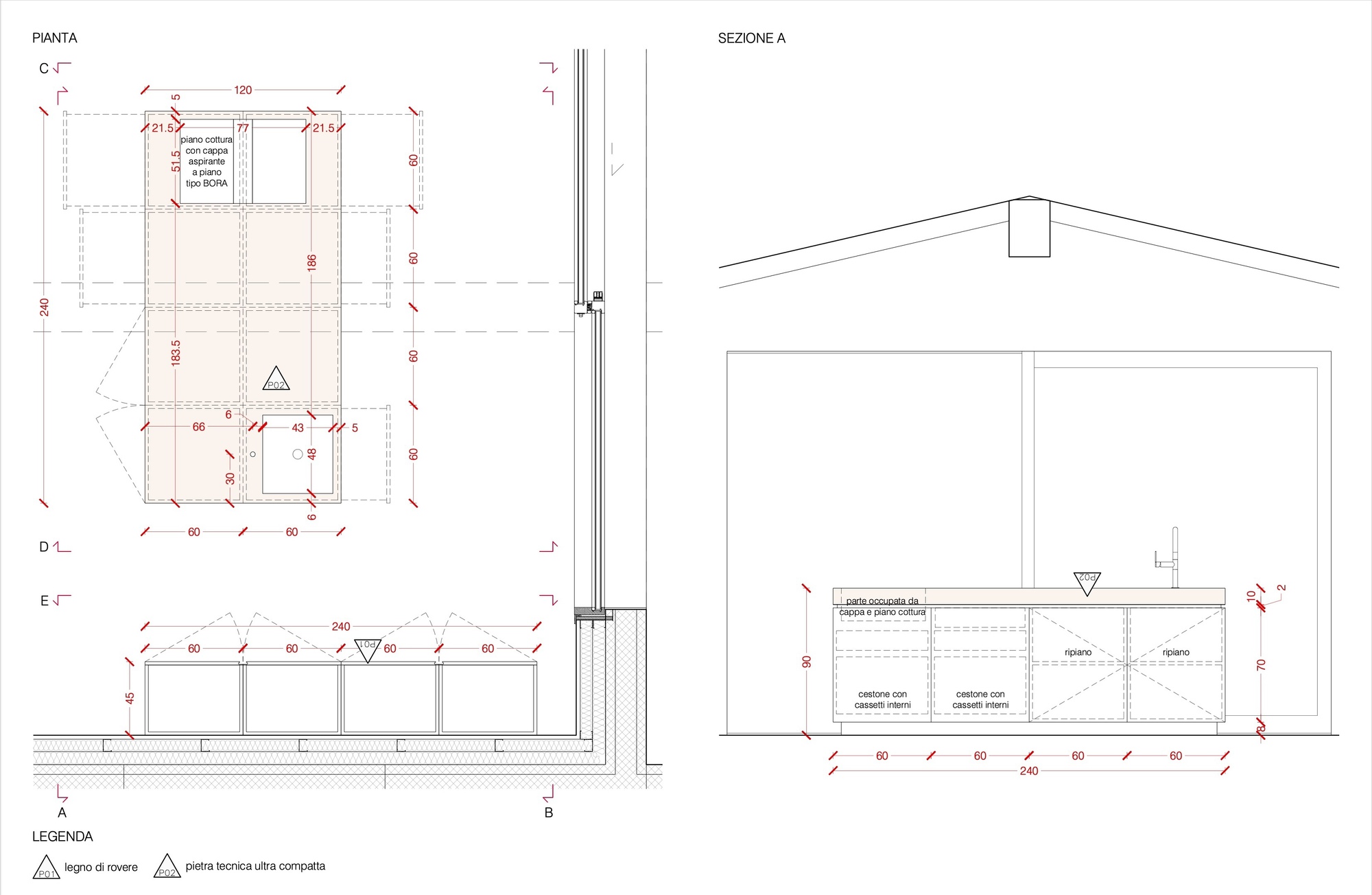 Plan and sectional drawing showing a multi-bay structure with a peaked roof and interior storage rooms