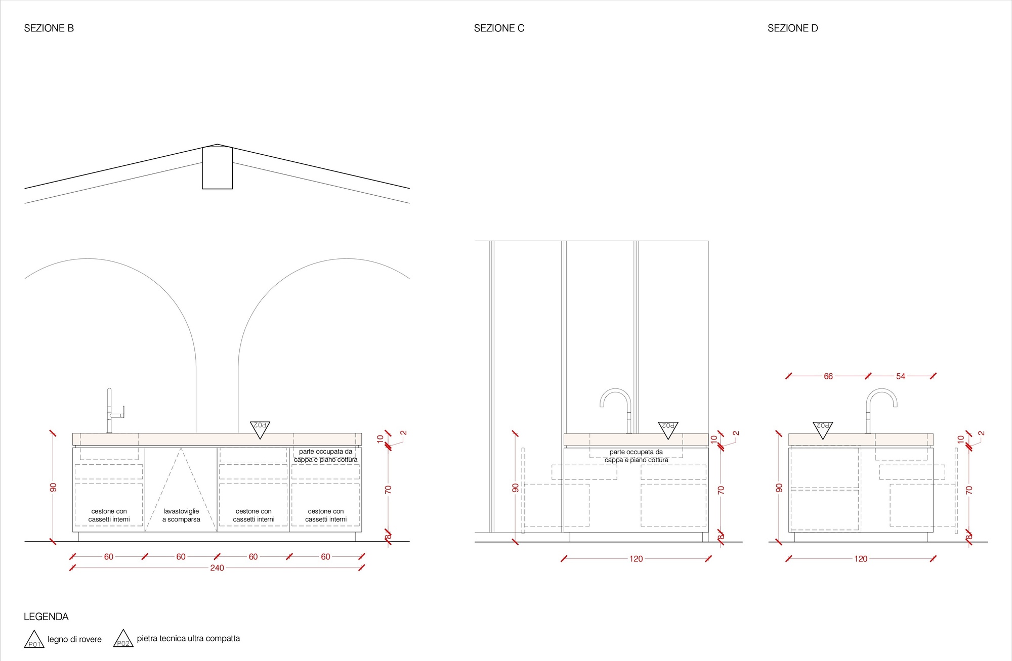 Three sectional drawings revealing interior arches, storage areas, and plumbing fixture locations with dimensions