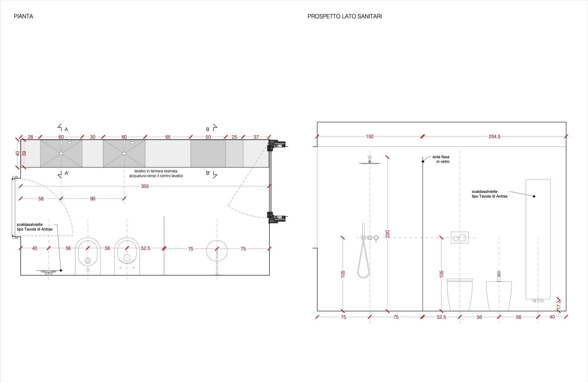 Floor plan and elevation drawing of a bathroom layout showing sink fixtures and wall-mounted elements