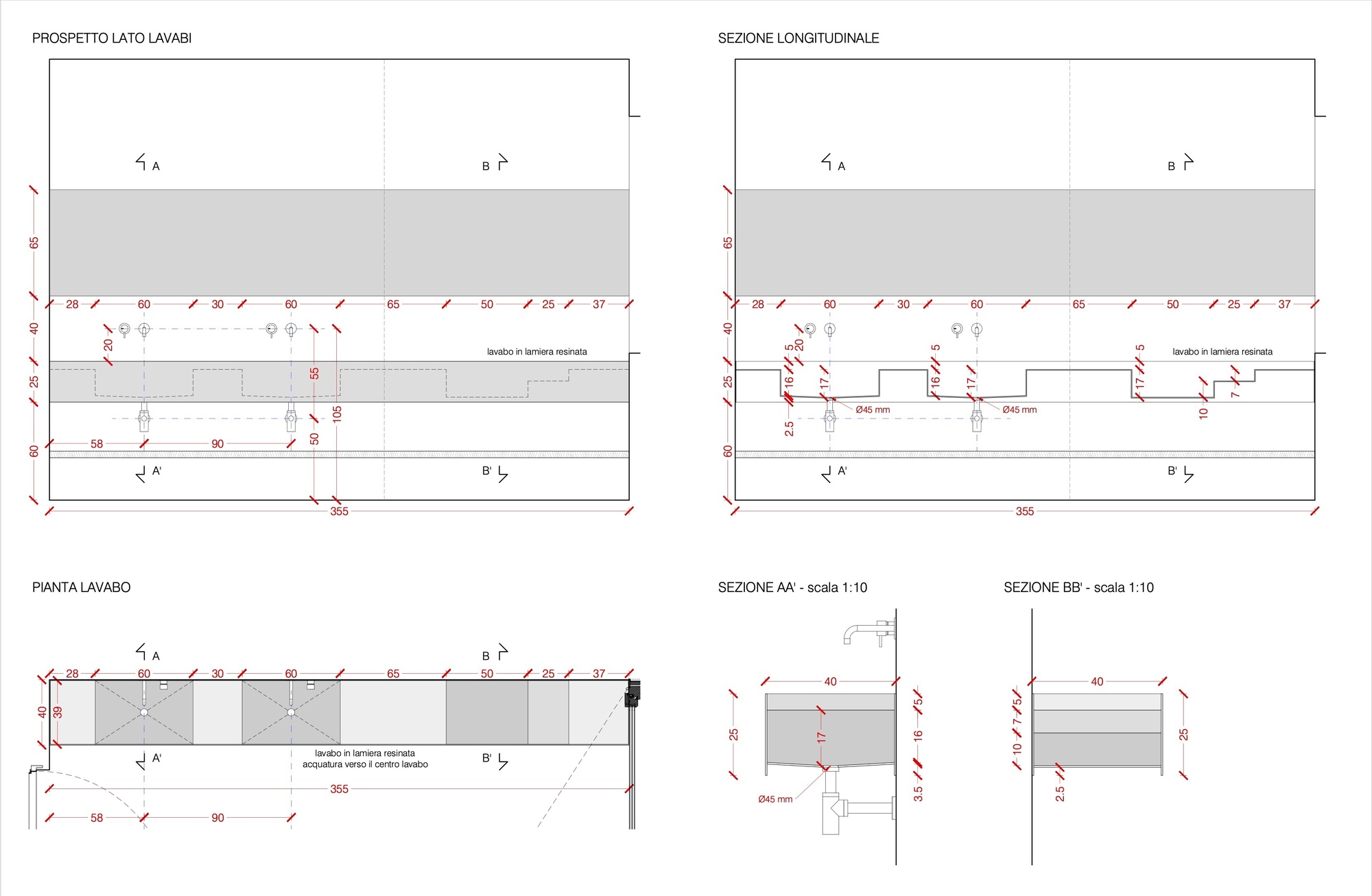 Sectional and plan drawings of a sink counter with multiple views showing dimensions and construction details