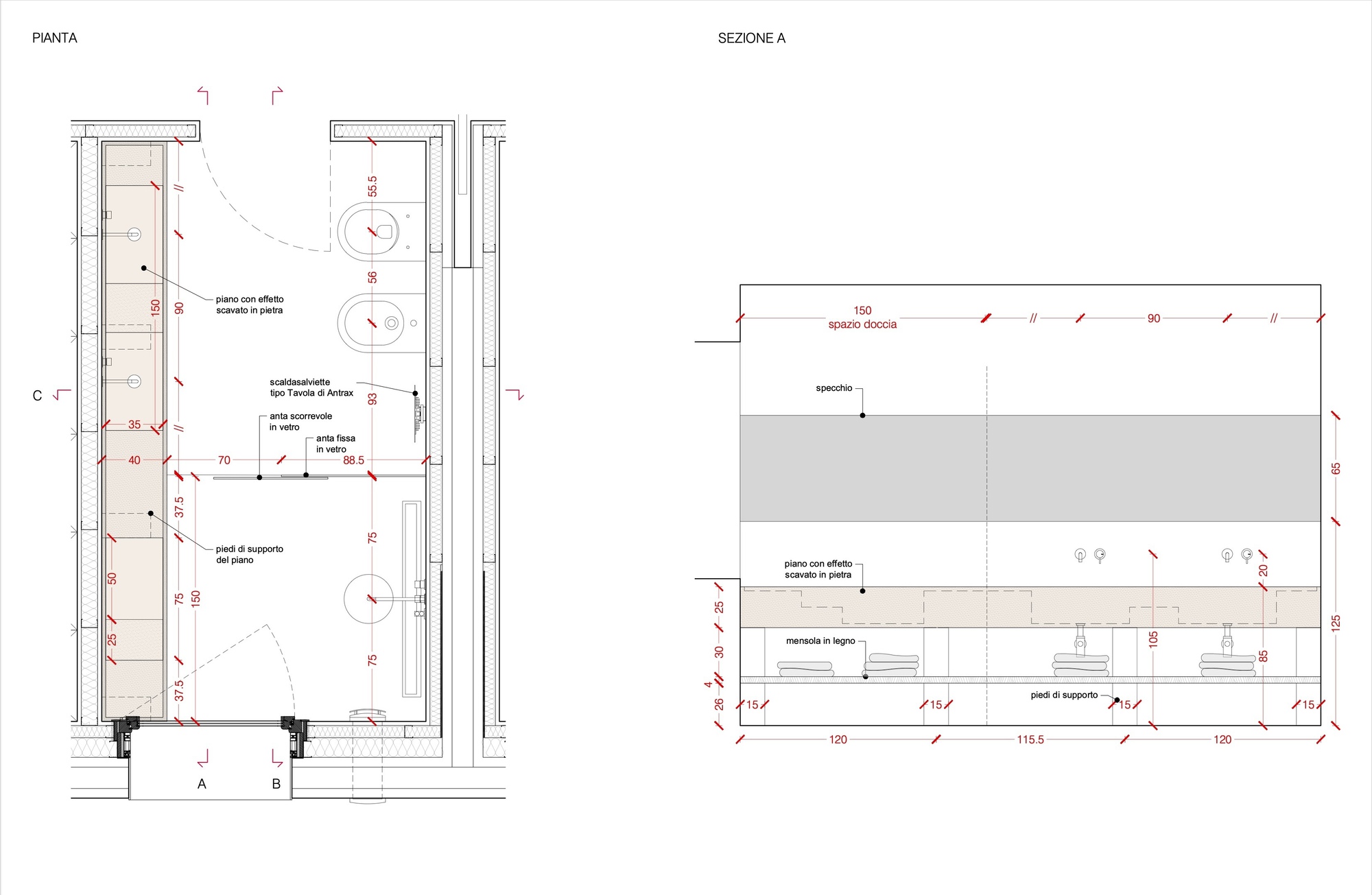 Plan and sectional drawing of a bathroom with toilet, sinks, and shower plus a mirrored elevation detail