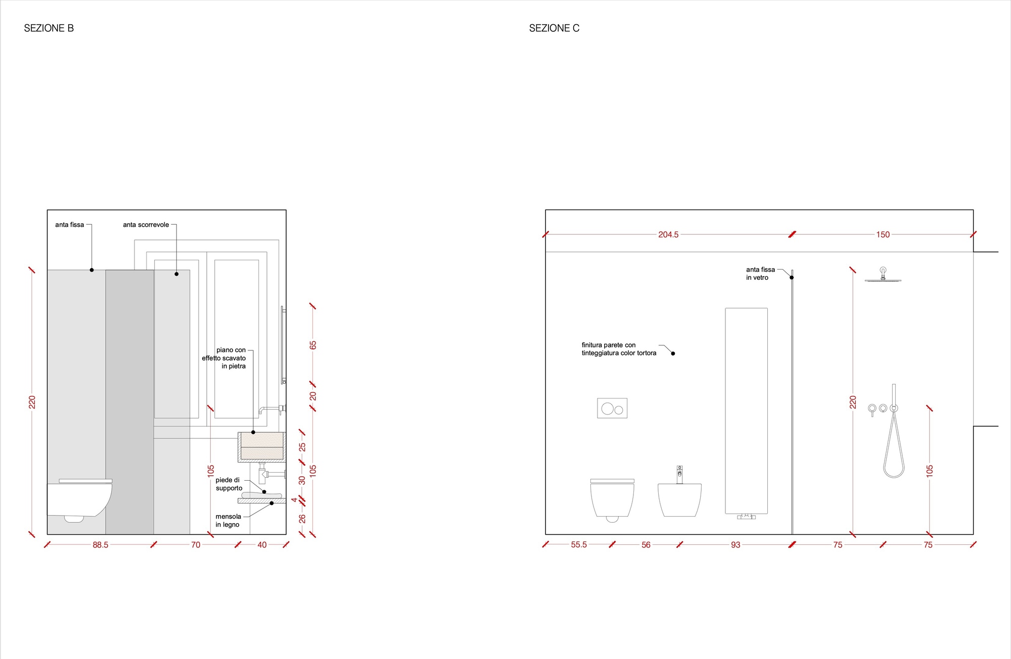 Two sectional drawings showing bathroom elevations with shower enclosure, toilet, sink, and fixture placement
