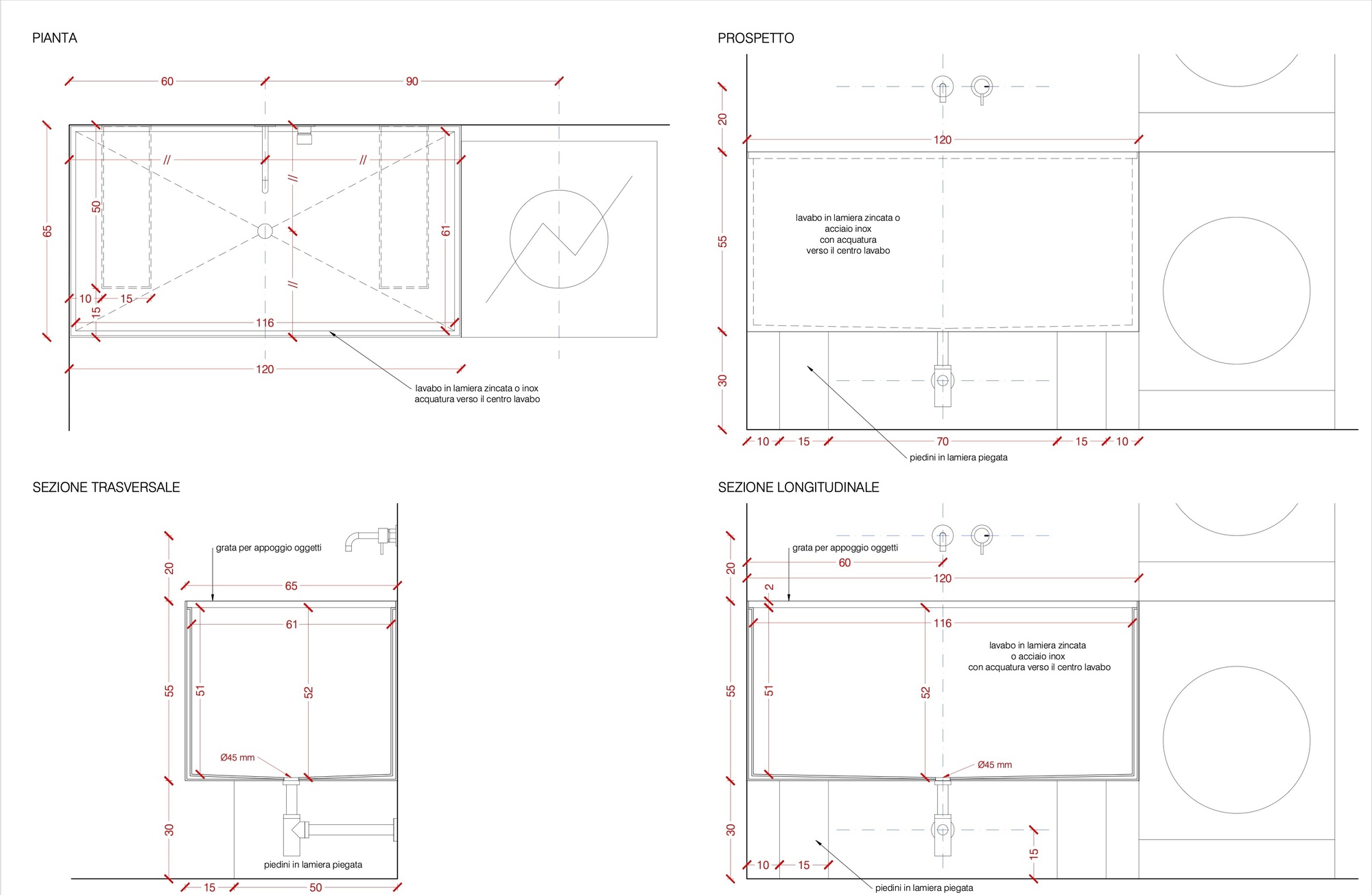 Plan and section drawings showing a rectangular volume with diagonal bracing and circular element