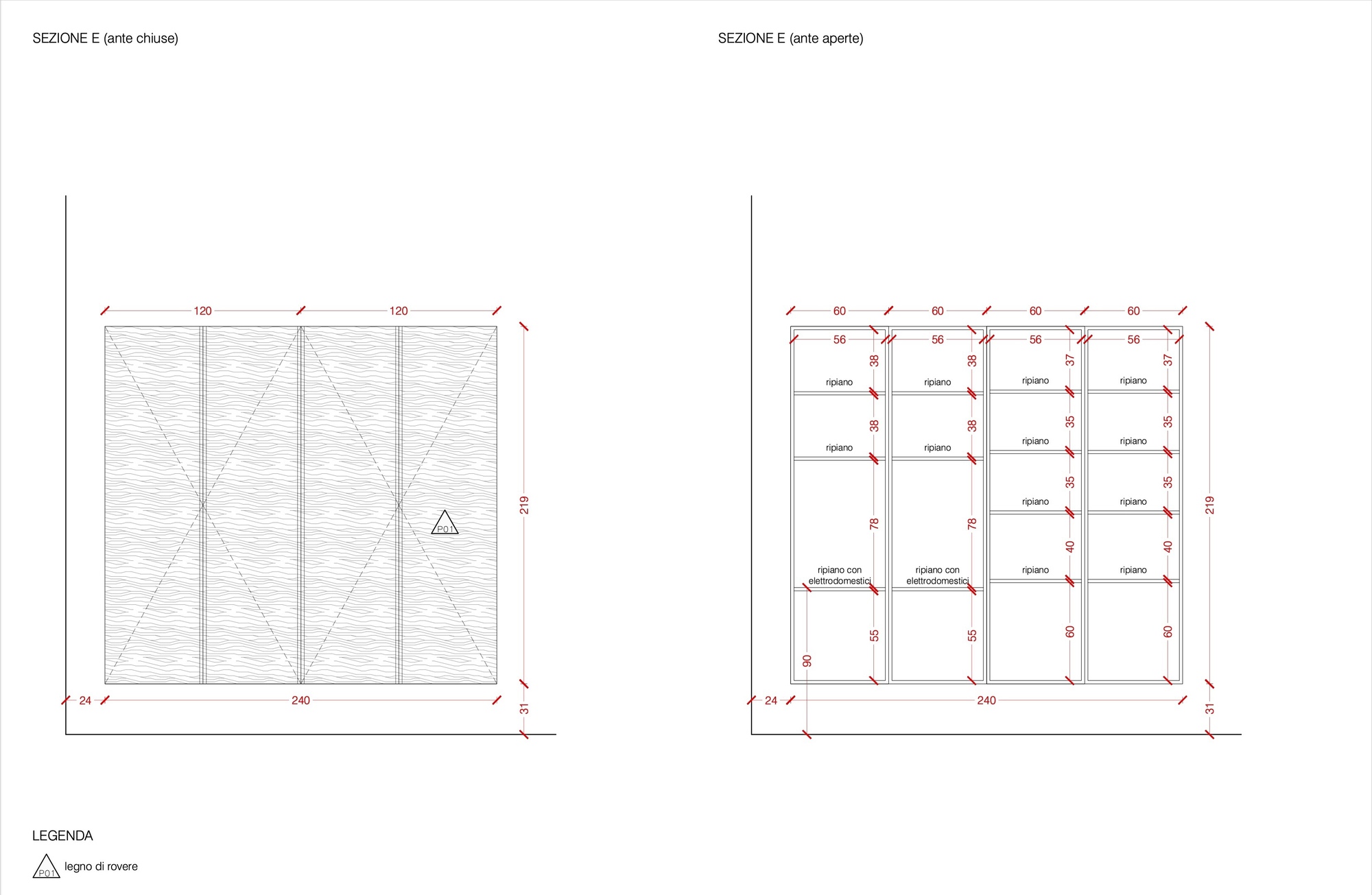 Section elevation drawings showing closed and open wall panel configurations with diagonal cross bracing