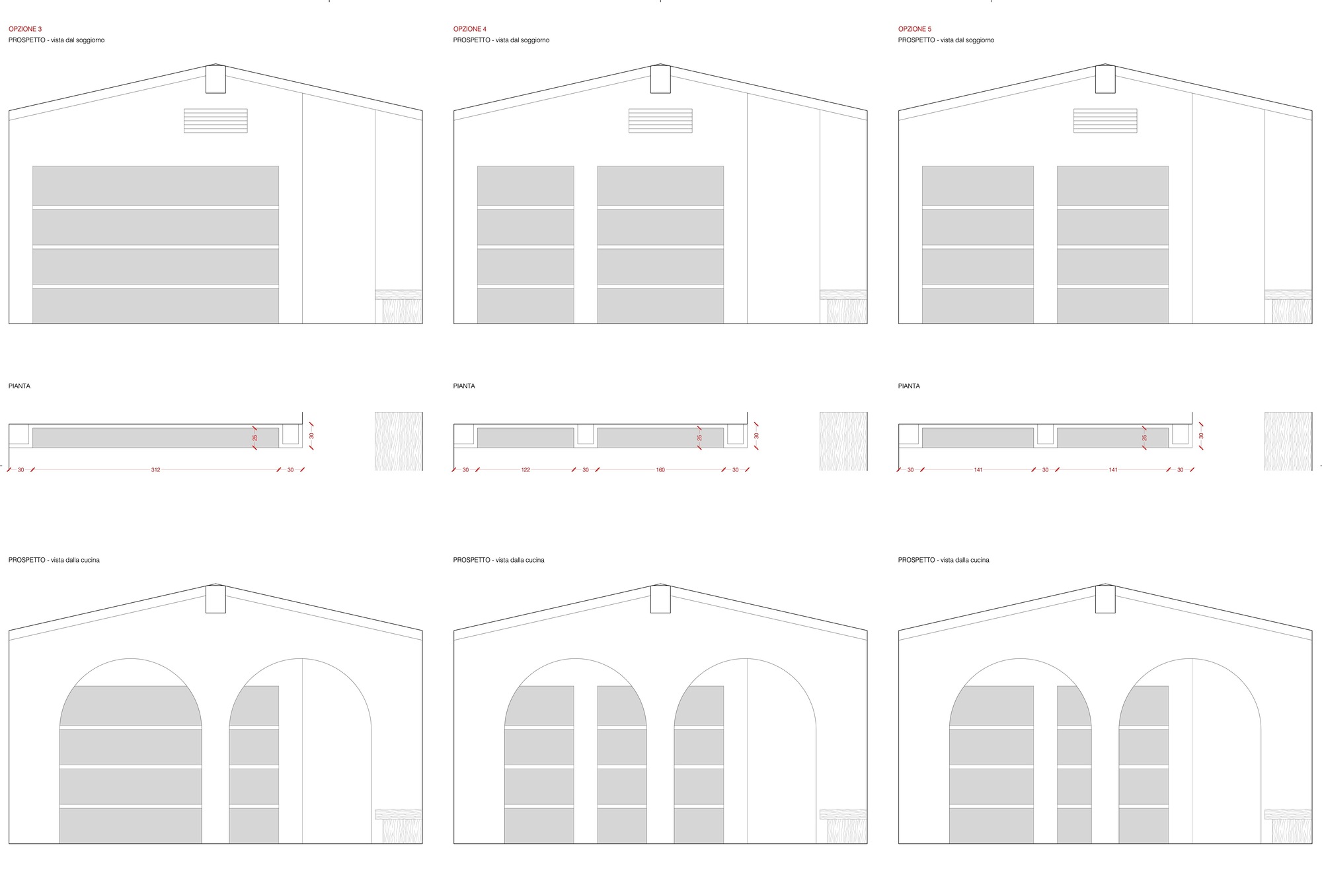 Elevation and projection drawings showing three facade variations with arched openings and horizontal banding