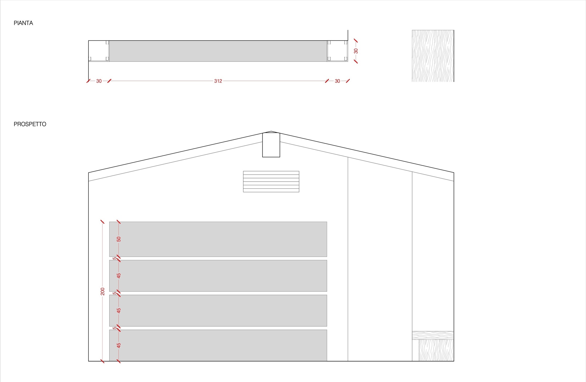 Plan and elevation drawings showing gabled structure with horizontal banded wall and ventilation grille