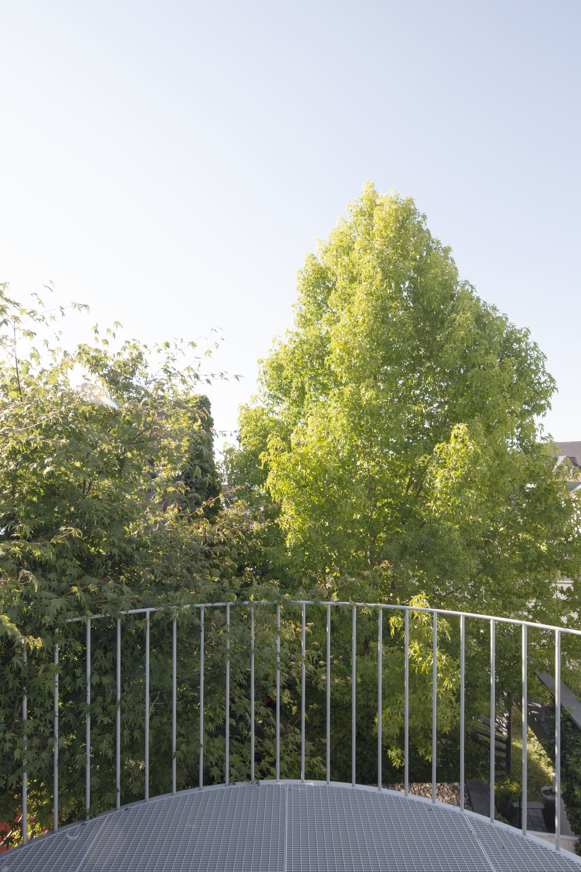 Curved terrace with metal balustrade overlooking trees under afternoon sunlight
