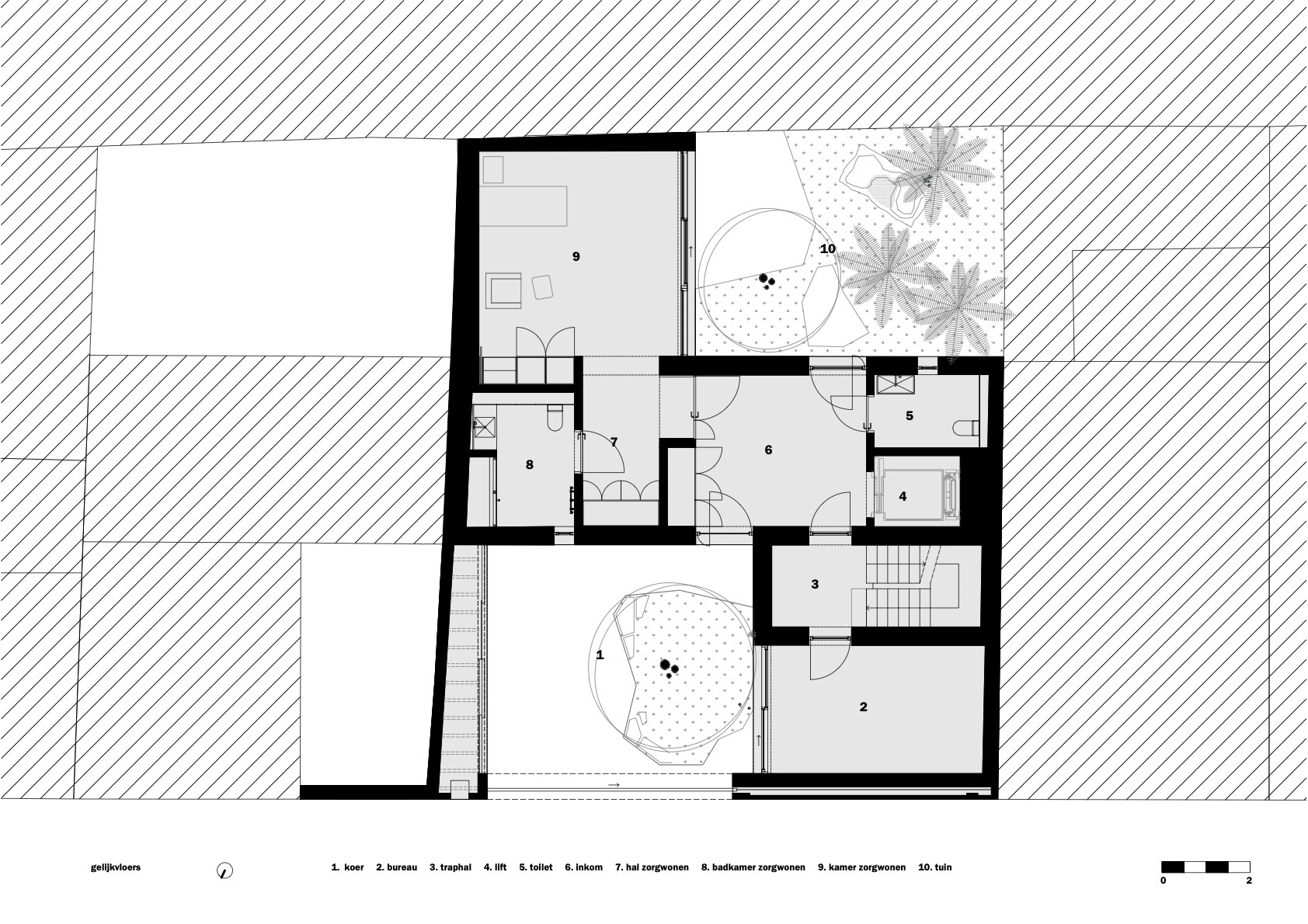 Floor plan drawing showing multiple rooms arranged around two internal courtyards with circular tree planters