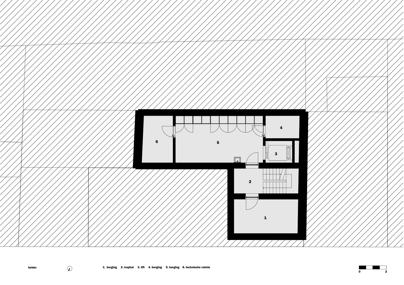 Floor plan drawing showing an L-shaped upper level with rooms arranged along a corridor