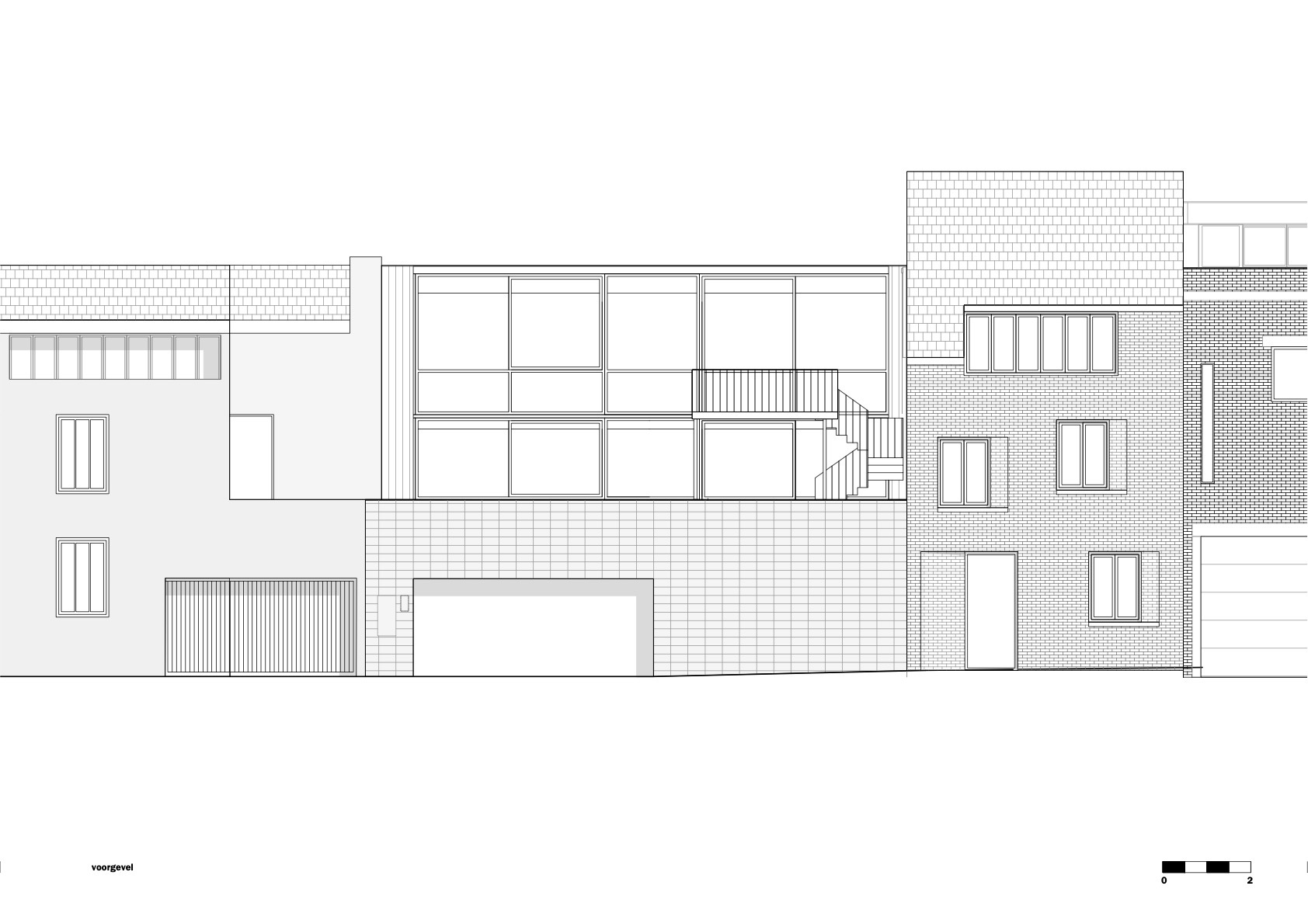 Elevation drawing depicting a mixed facade with large glazed panels and textured brick volumes