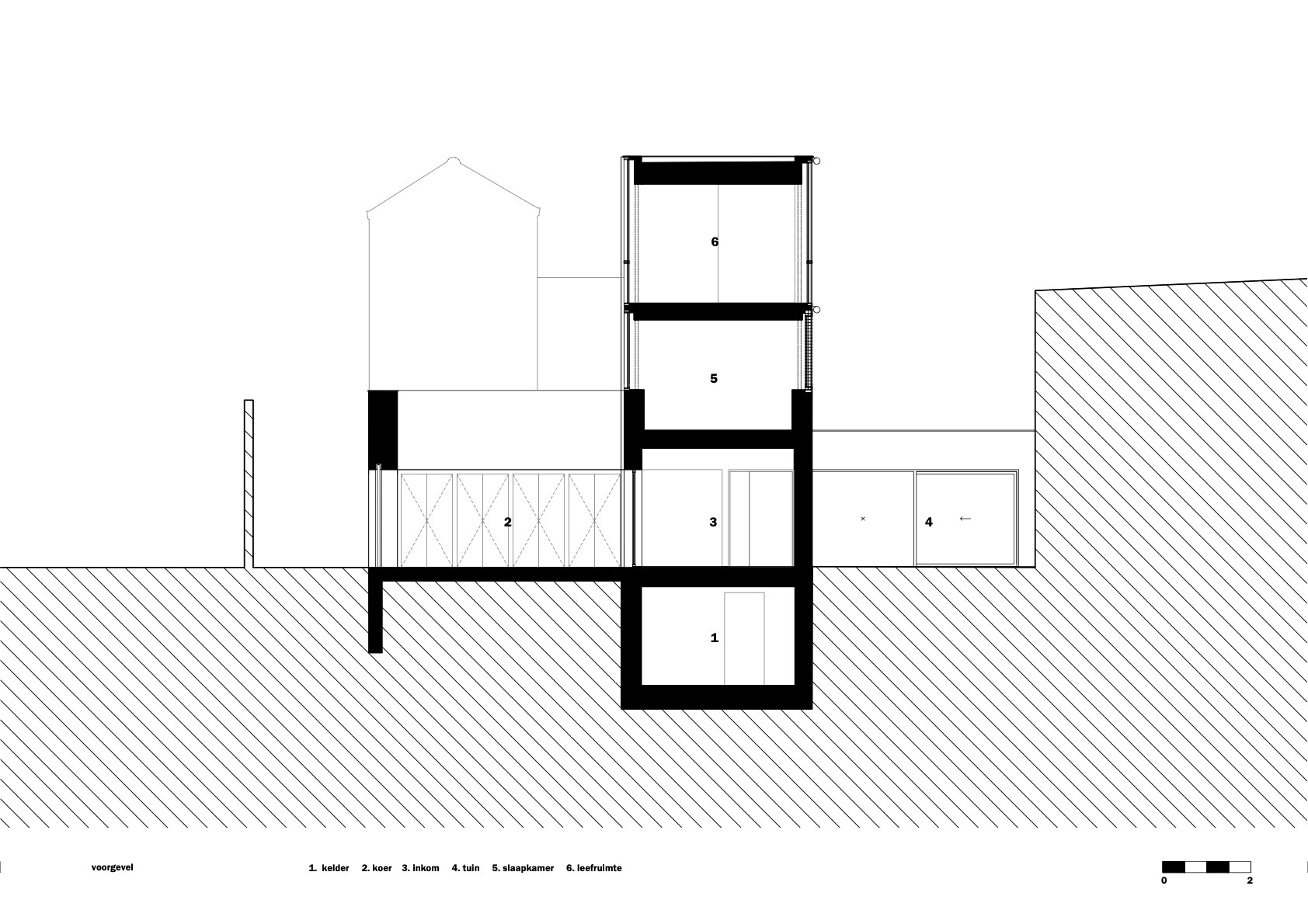 Section drawing revealing split-level interior spaces and an adjacent gabled neighbor