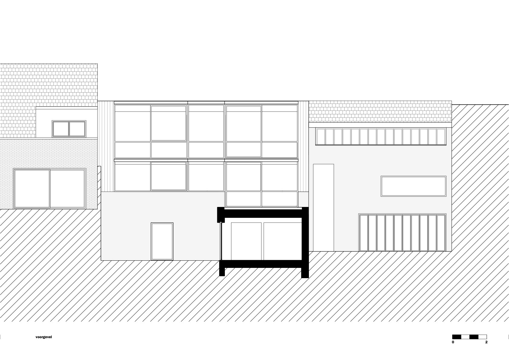 Section drawing showing a partially buried volume with glazed facade and hatched earth