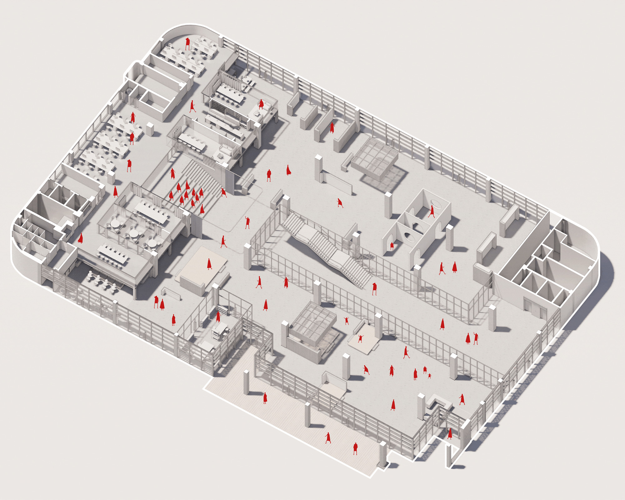 Axonometric drawing showing open office floors with workstations and red figures indicating circulation patterns