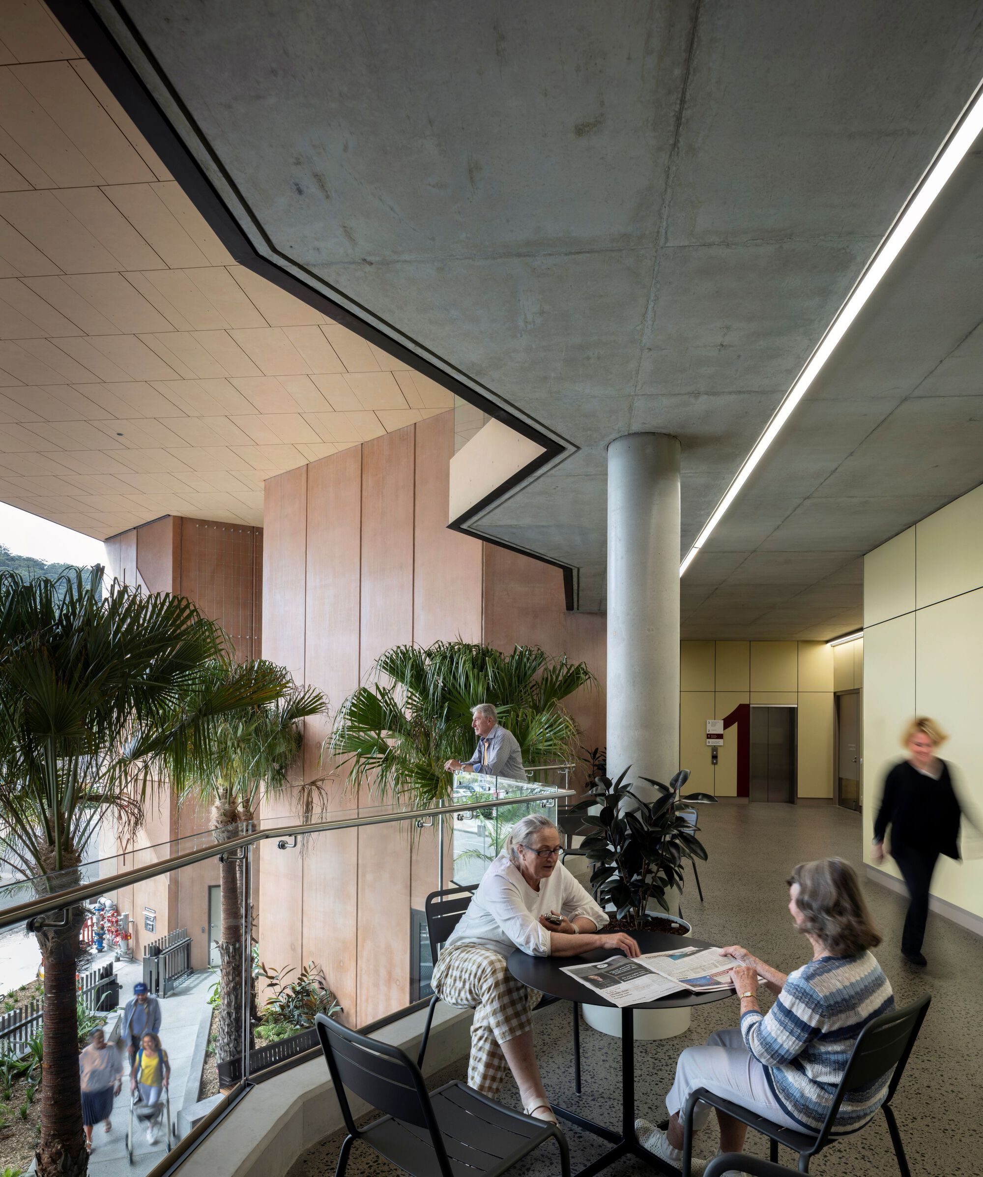 Interior reading lounge with exposed concrete ceiling, potted palms, and visitors seated near glass balustrade