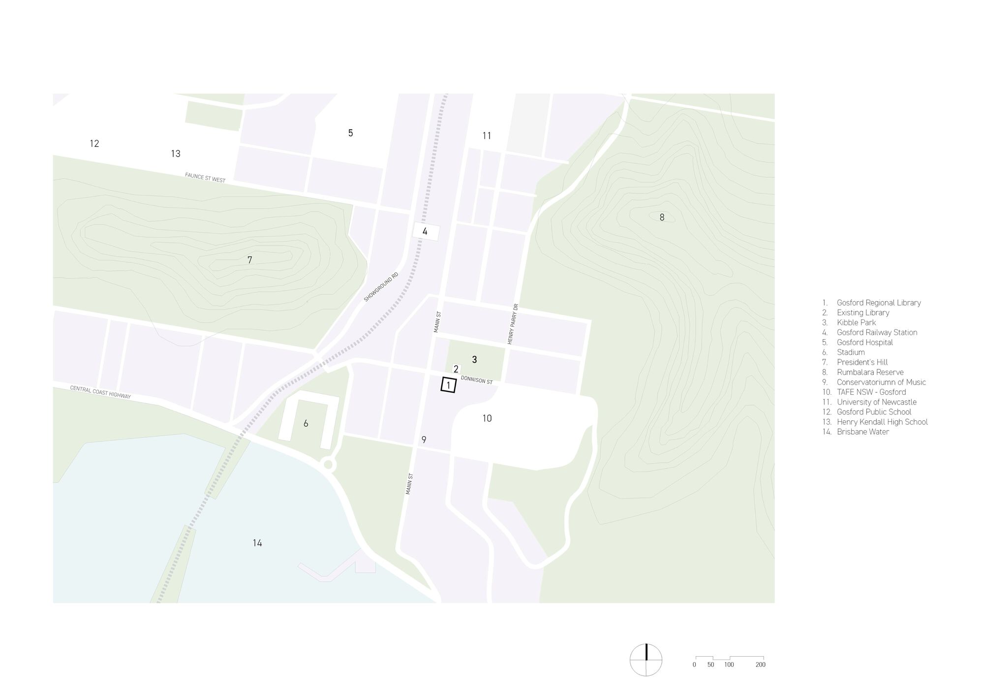 Site plan drawing showing the library building among surrounding landscape contours and adjacent structures