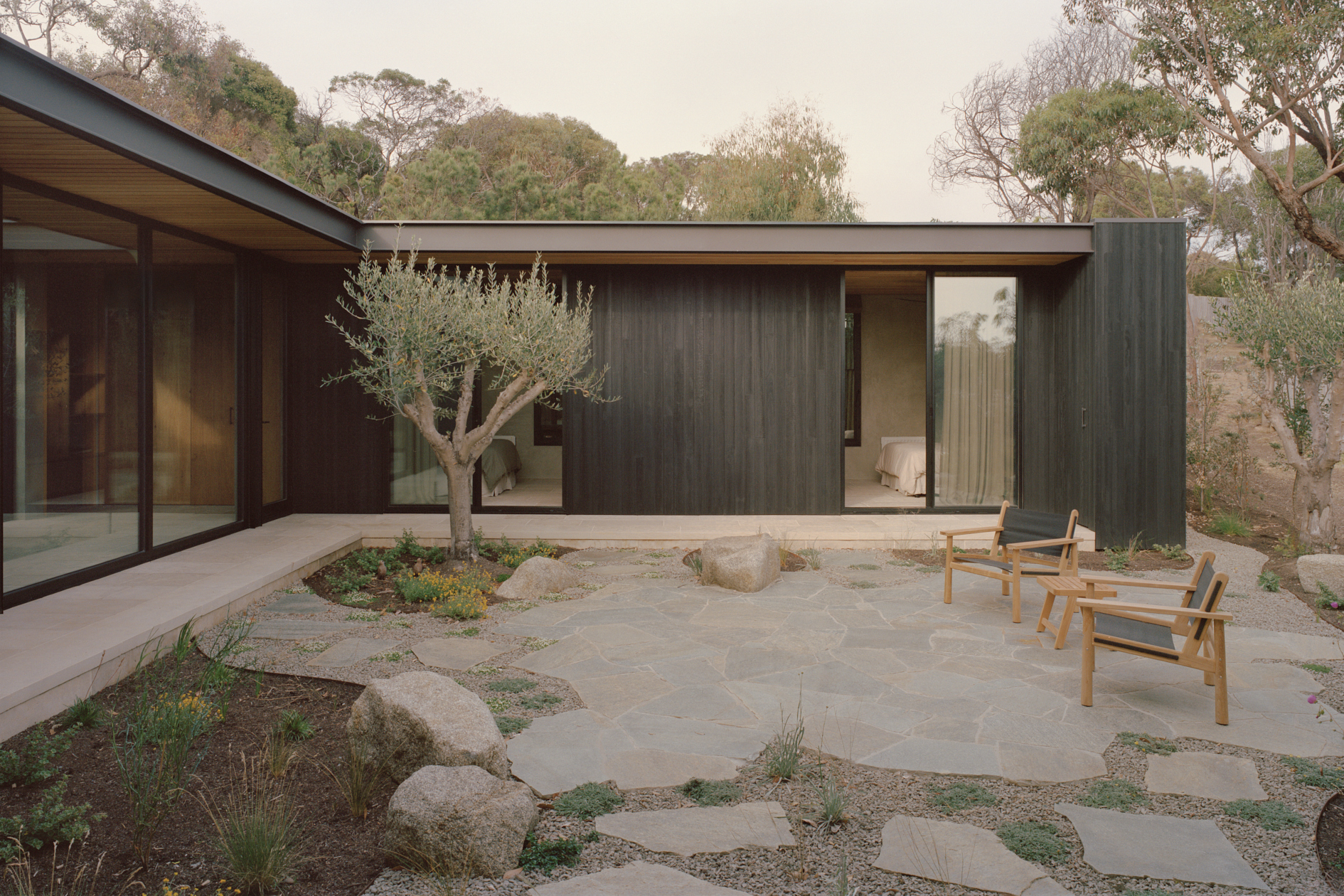 Internal courtyard with charred timber cladding, planted olive tree, and flagstone paving among boulders