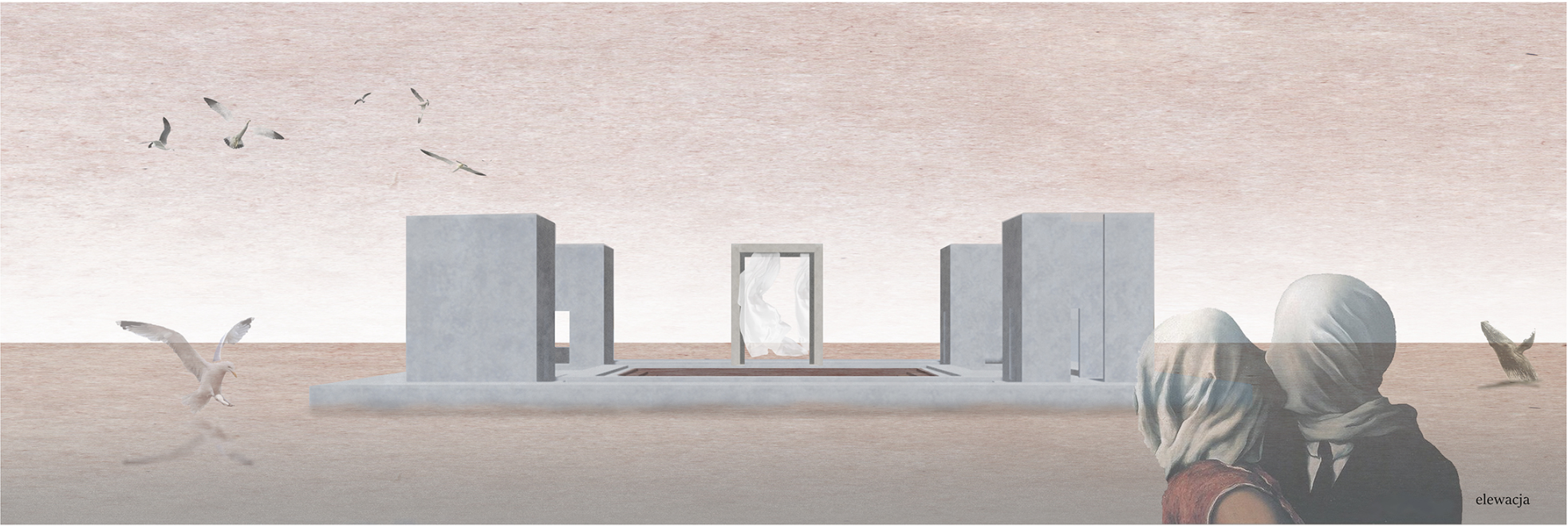 A minimal sensory architecture composition emerging from a water landscape, framing a journey of perception and stillness.