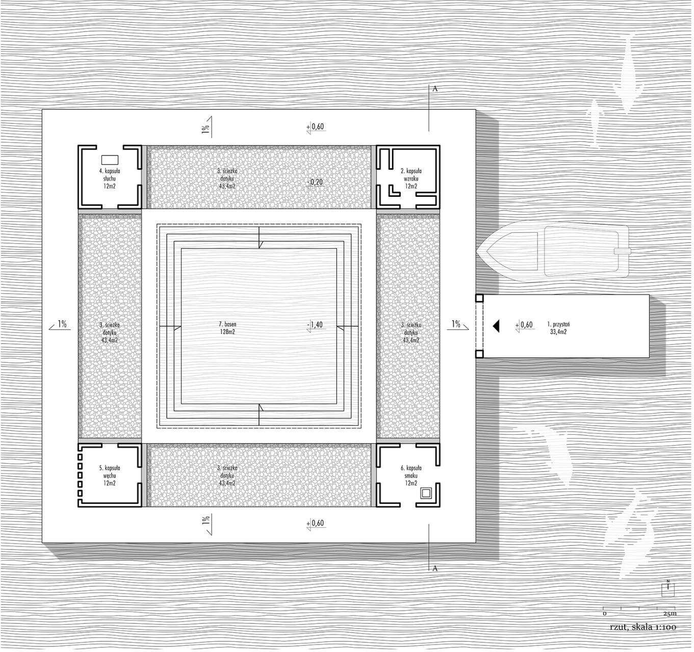 Spatial layout revealing a central water basin surrounded by sensory capsules orchestrating a sequential experience.