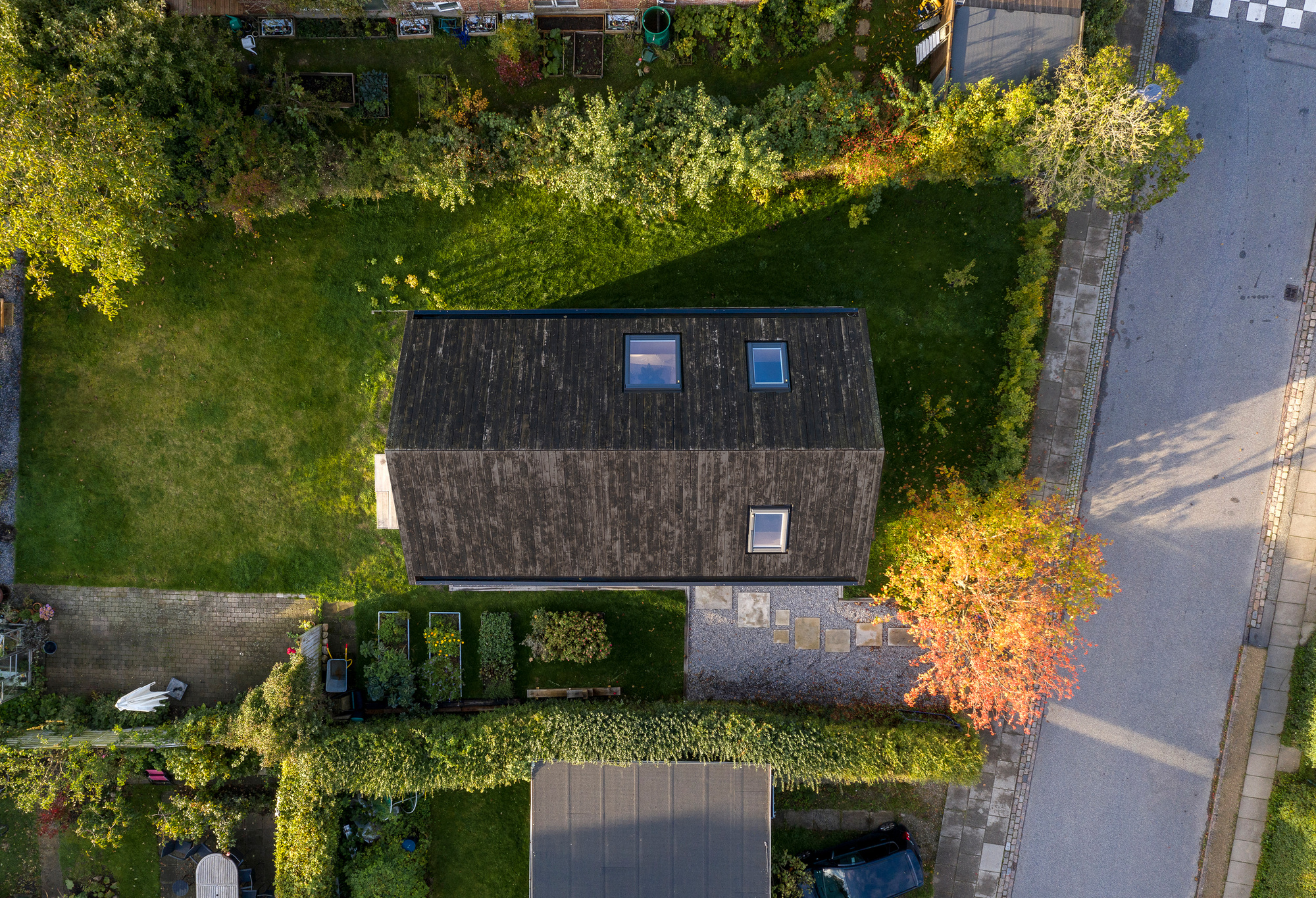 Overhead view of the vertical-clad pitched roof with three skylights surrounded by garden and driveway