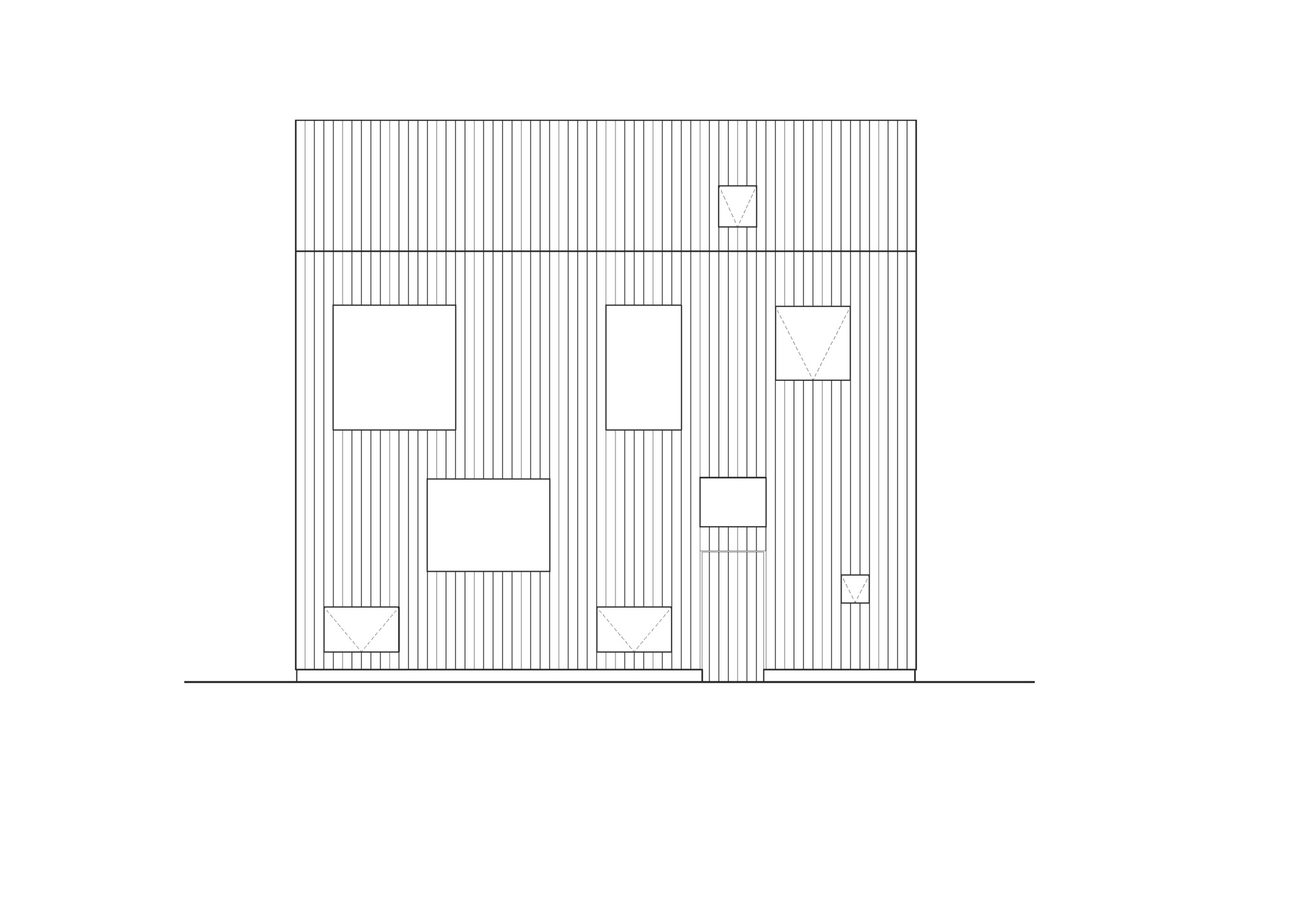 Front elevation drawing showing vertical cladding and asymmetric window openings