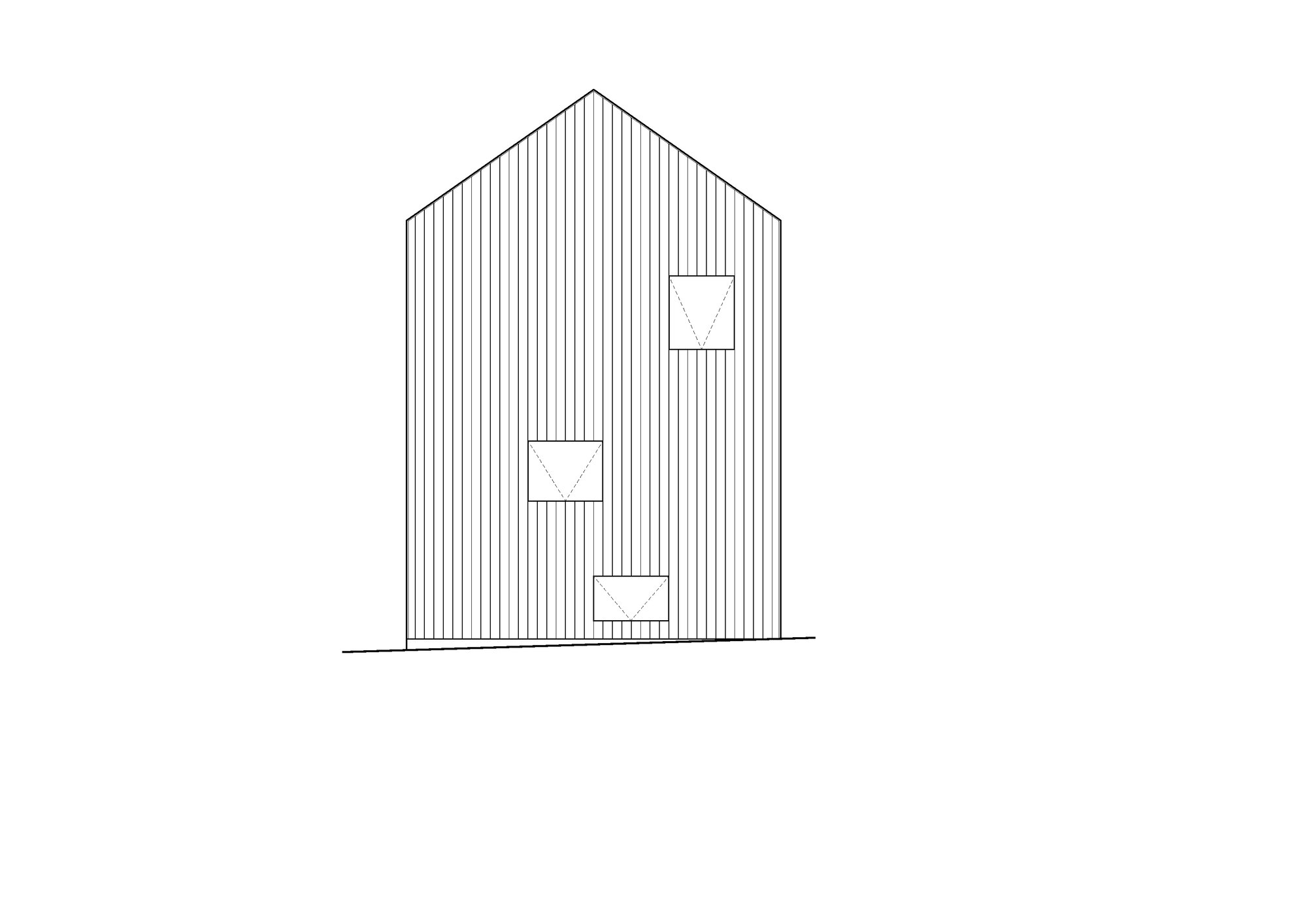 Elevation drawing showing a gabled facade with three vertically staggered window openings