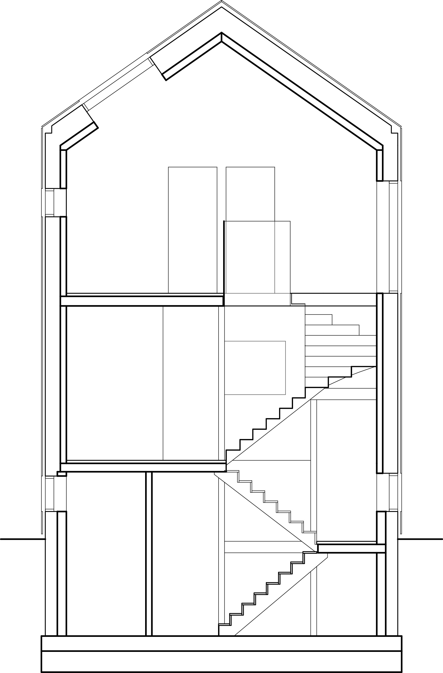 Section drawing revealing four levels connected by a central staircase within the pitched volume