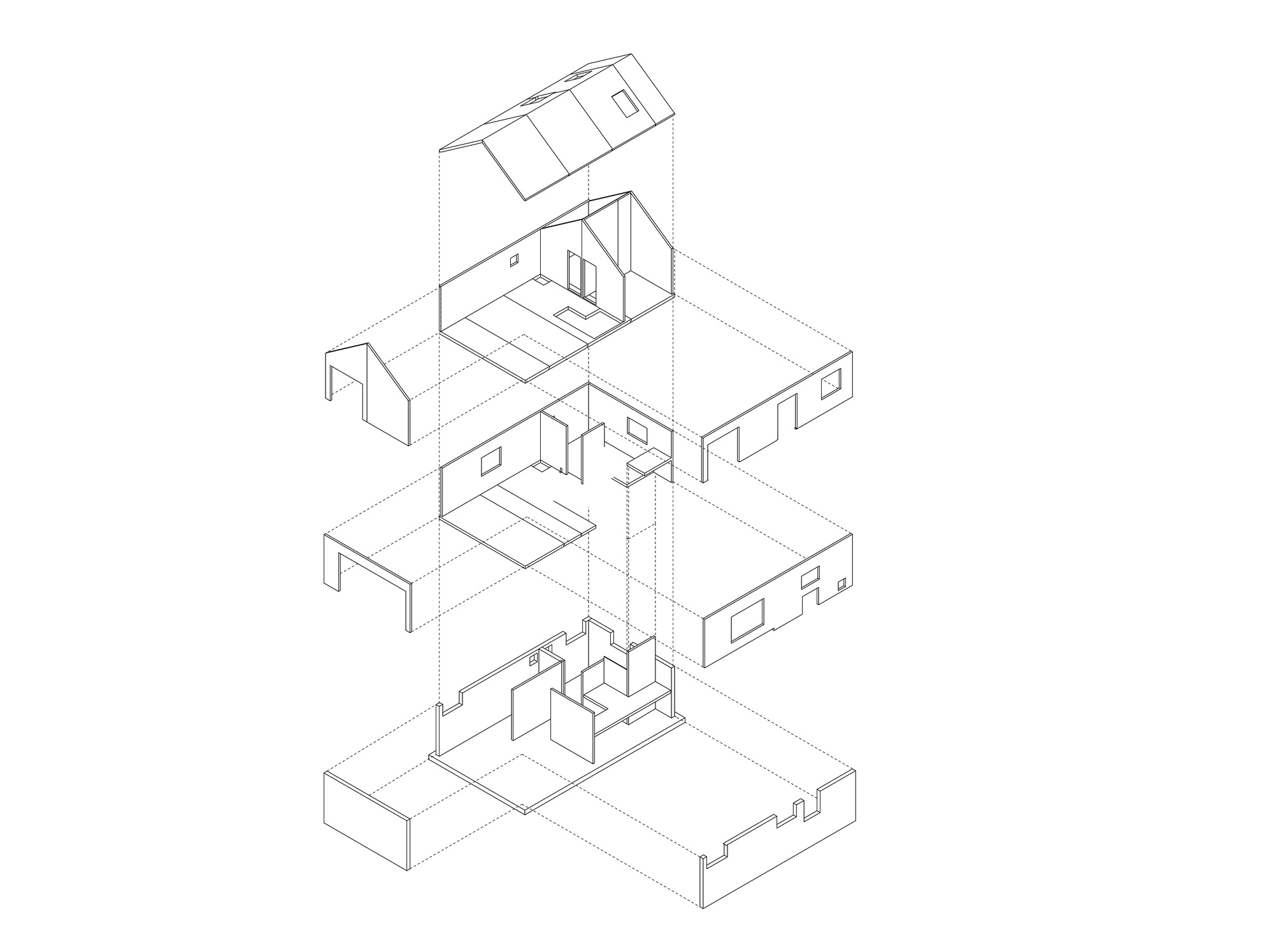 Exploded axonometric drawing showing stacked floor plates with interior rooms and stair connections
