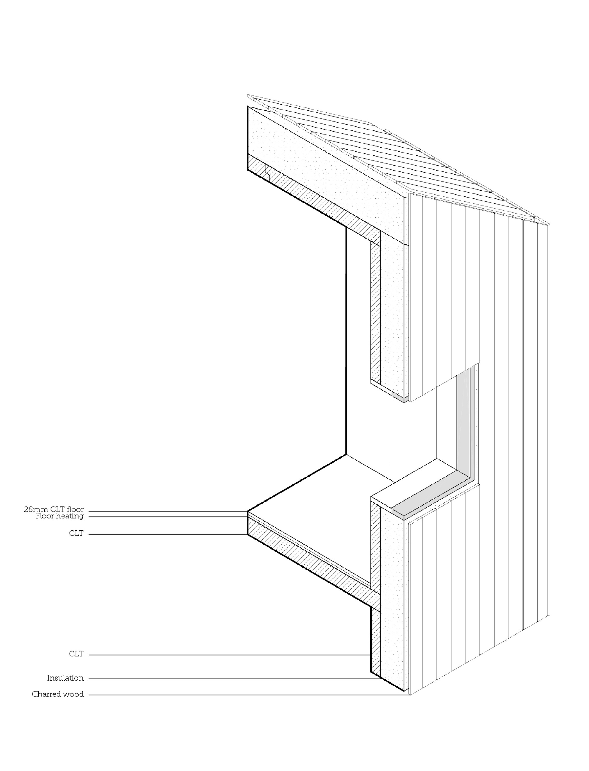 Detail drawing of a facade corner showing vertical cladding and floor assembly layers