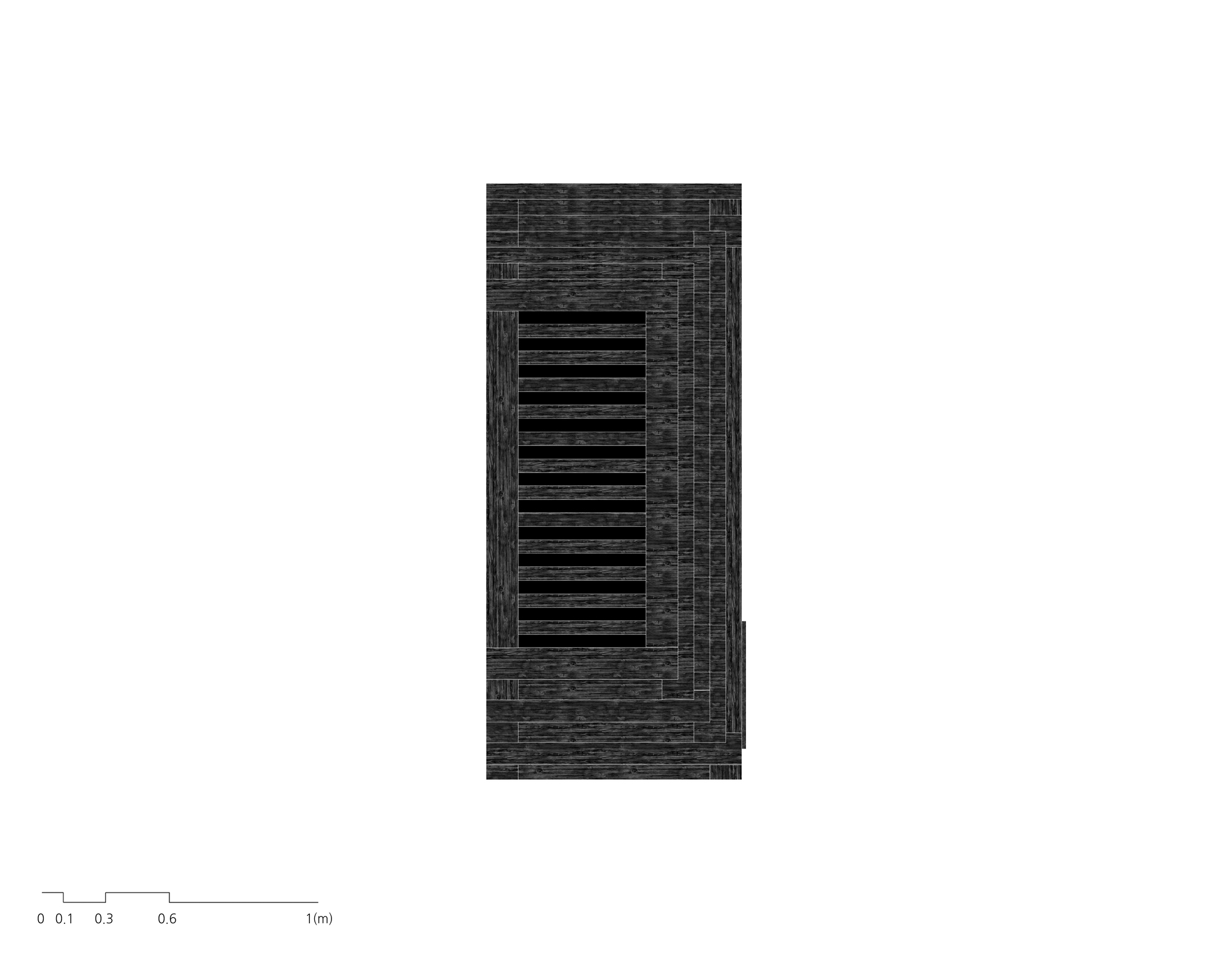 Elevation drawing showing a rectangular tower with horizontal vent slots and charred timber cladding pattern