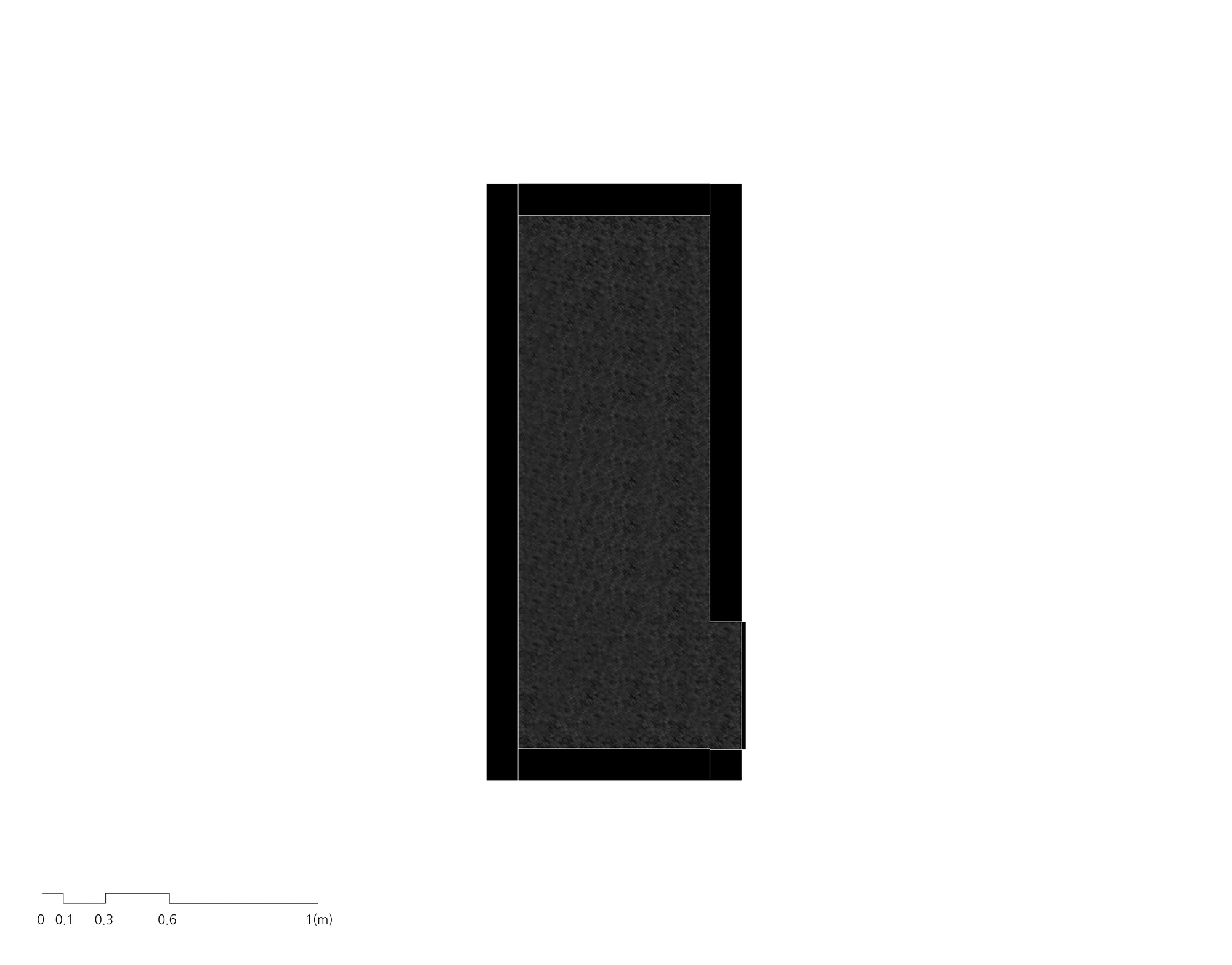 Floor plan drawing showing a narrow rectangular volume with a small notch on one edge