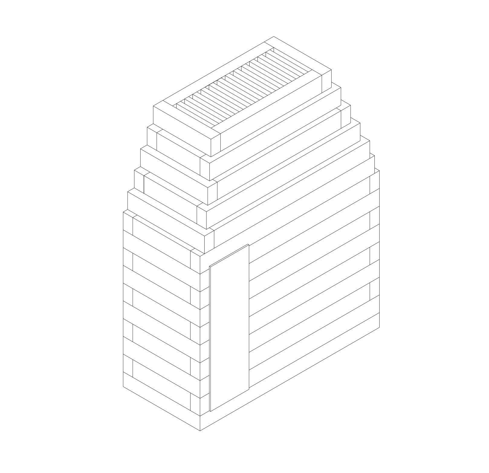Axonometric drawing showing a stepped tower with horizontal banding and a recessed vertical slot