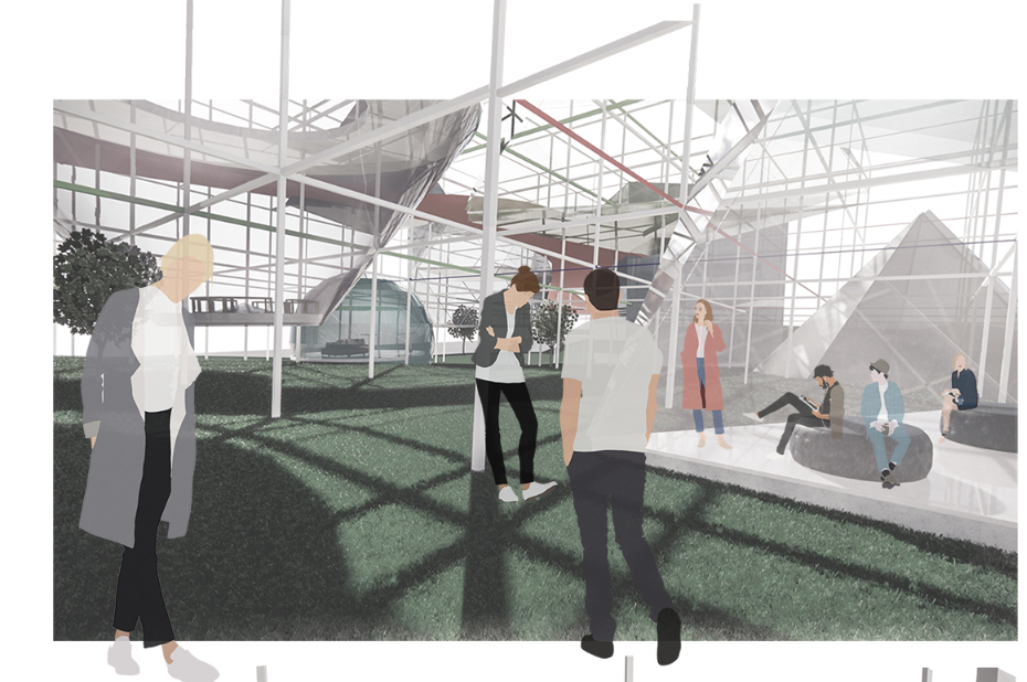 Adaptive architecture school exterior with modular learning volumes connected through a dynamic circulation spine