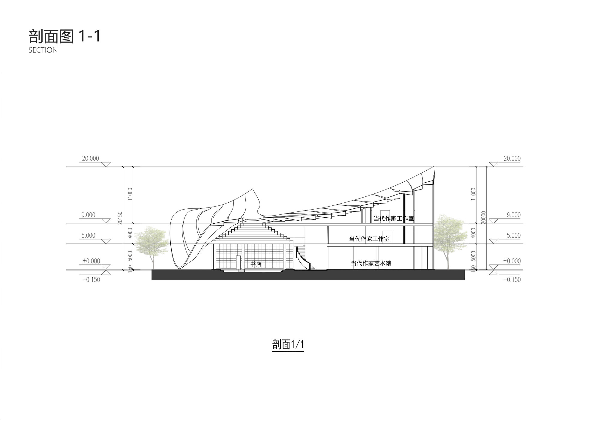 Section drawing revealing a flowing roof over multi-level interior spaces with adjacent trees