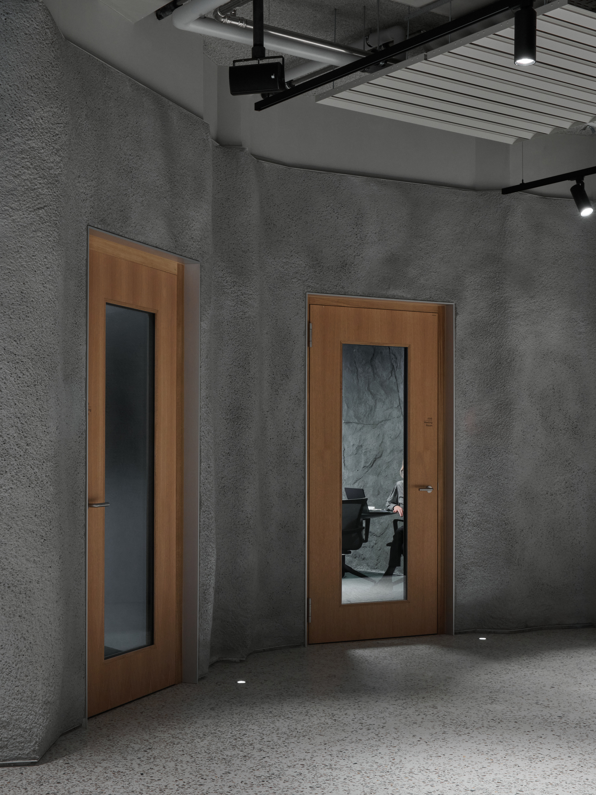 Two timber doors with vertical glazed panels set in grey textured walls under exposed ceiling infrastructure