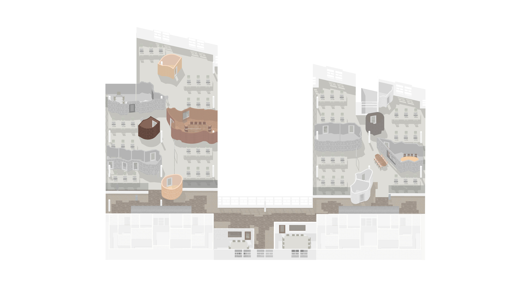 Exploded axonometric drawing revealing stacked floor levels with curved spatial volumes in varied materials