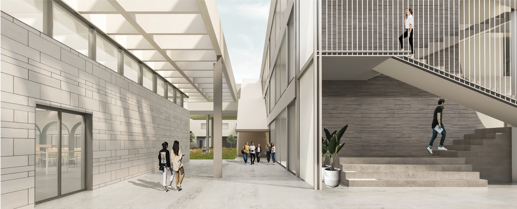 Transitional corridor connecting academic spaces with open circulation and visual continuity.