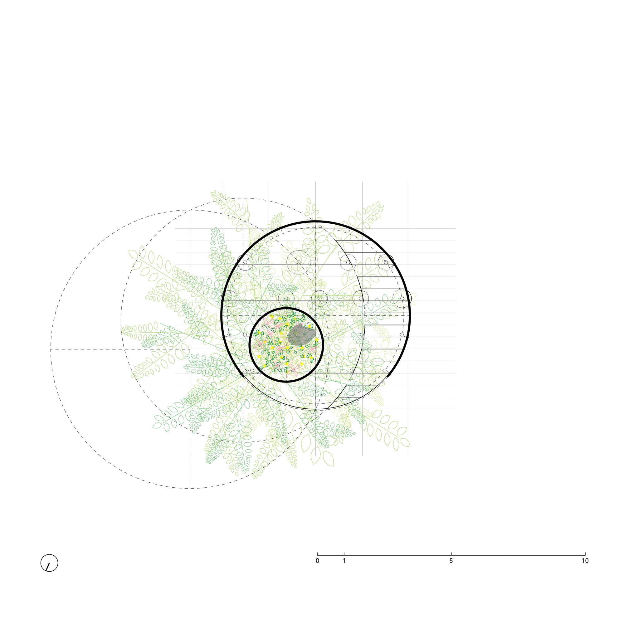 Plan drawing showing concentric circular platforms with stairs and a central planted core