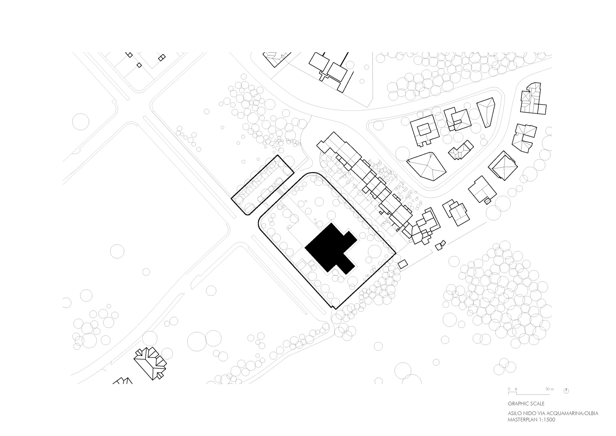 Site plan drawing showing a central building with curved edges surrounded by landscaping and neighboring structures