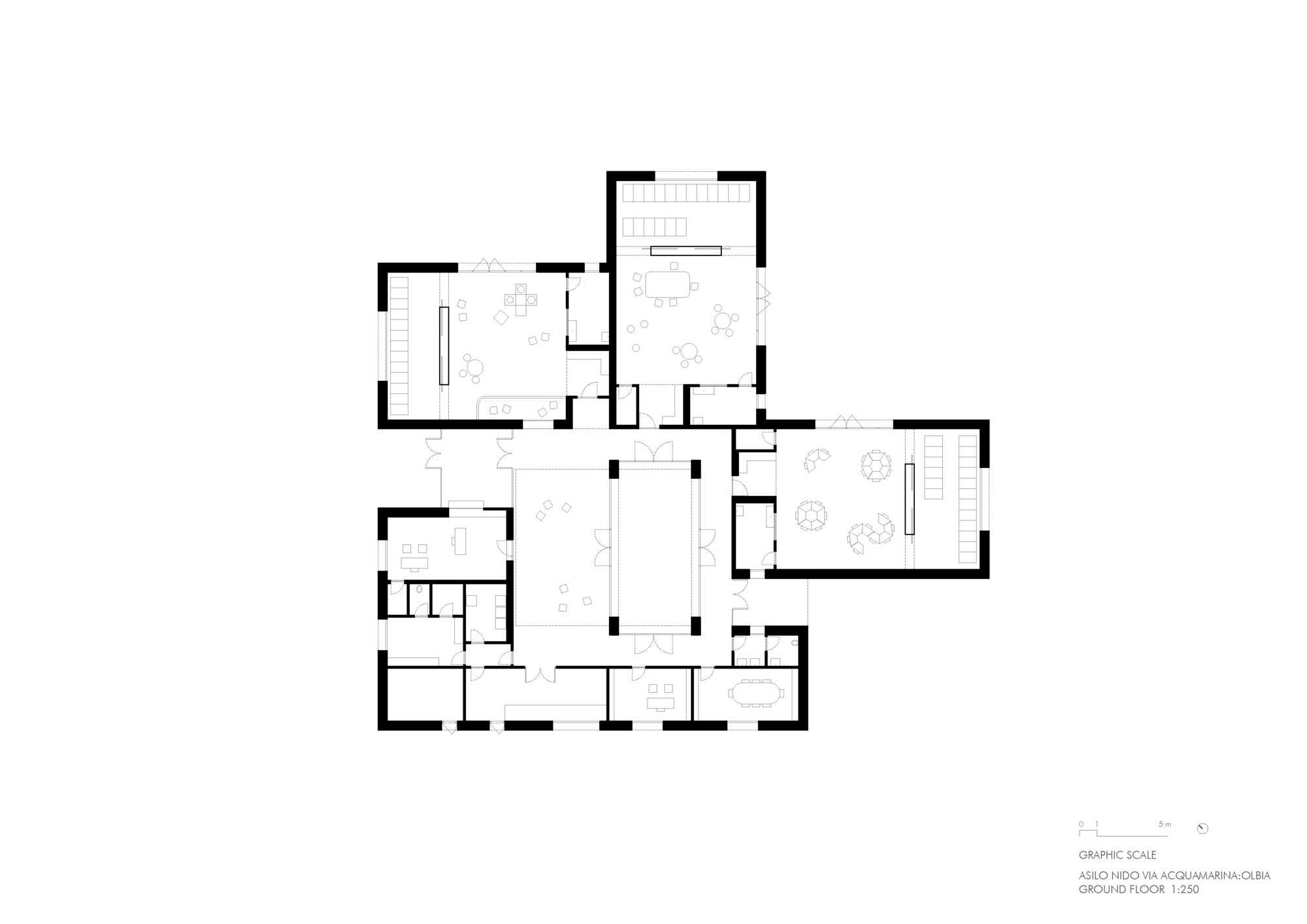 Ground floor plan drawing showing interconnected rooms arranged around a central courtyard space