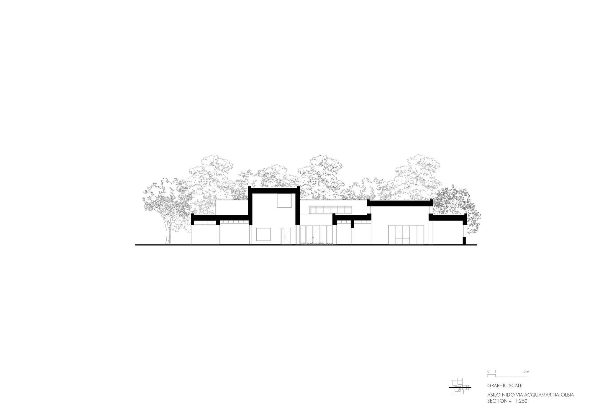 Section drawing showing stepped roof forms with a central double-height entry volume among trees