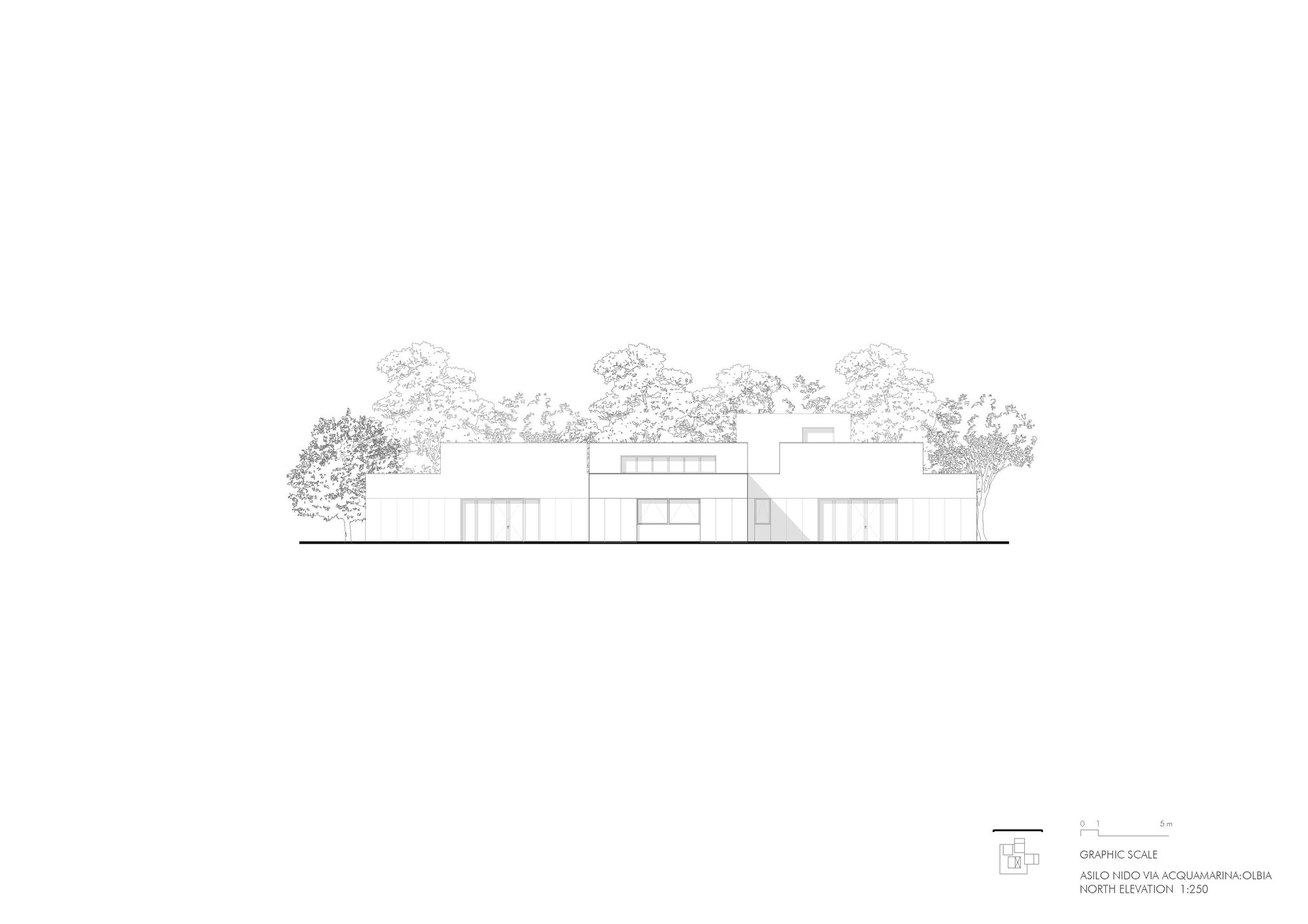 Elevation drawing presenting a horizontal composition of cubic masses beneath a continuous tree canopy