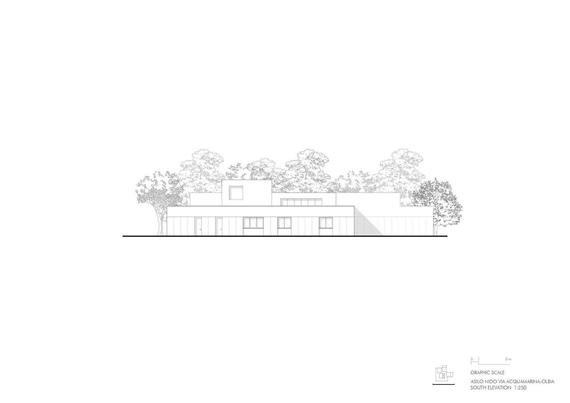 Elevation drawing showing a low horizontal volume with flat roofs and surrounding tree canopies